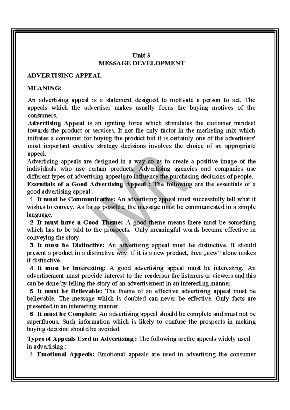 Advt 3 - Unit 3 MESSAGE DEVELOPMENT ADVERTISING APPEAL MEANING: An ...