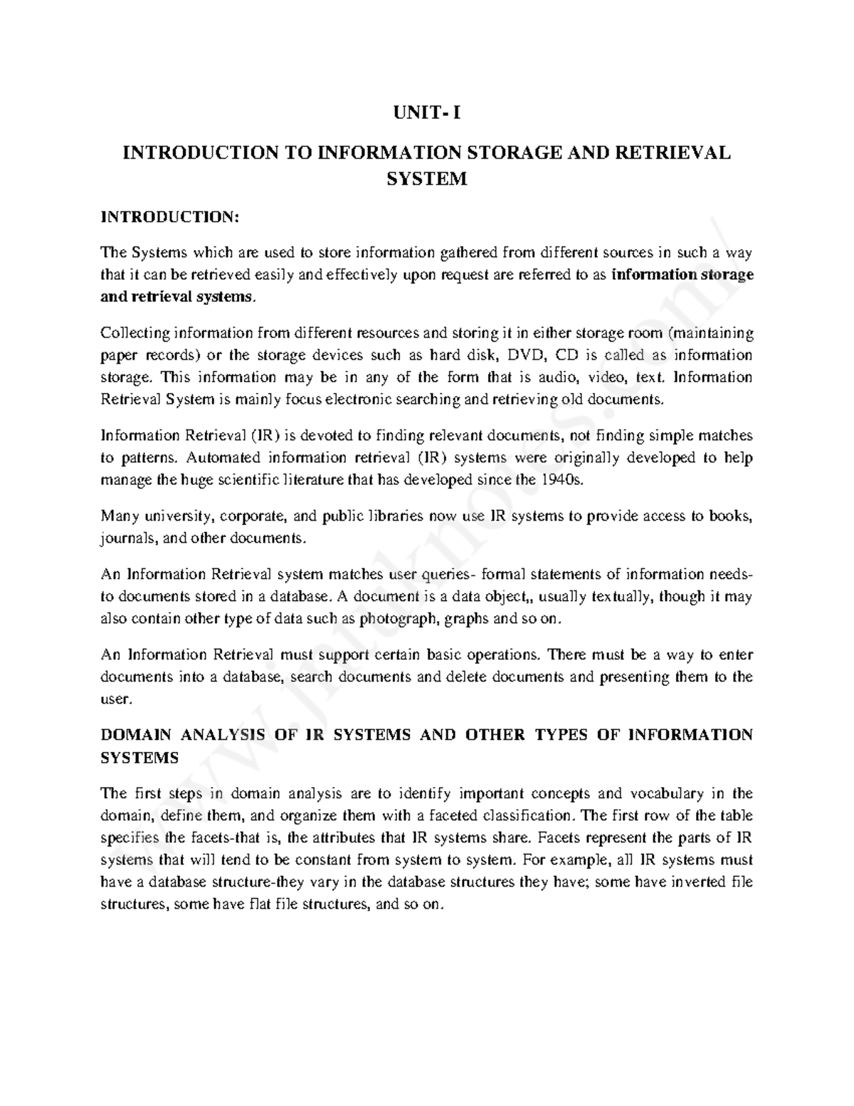 UNIT-1: Introduction to Information Storage & Retrieval Systems - Studocu