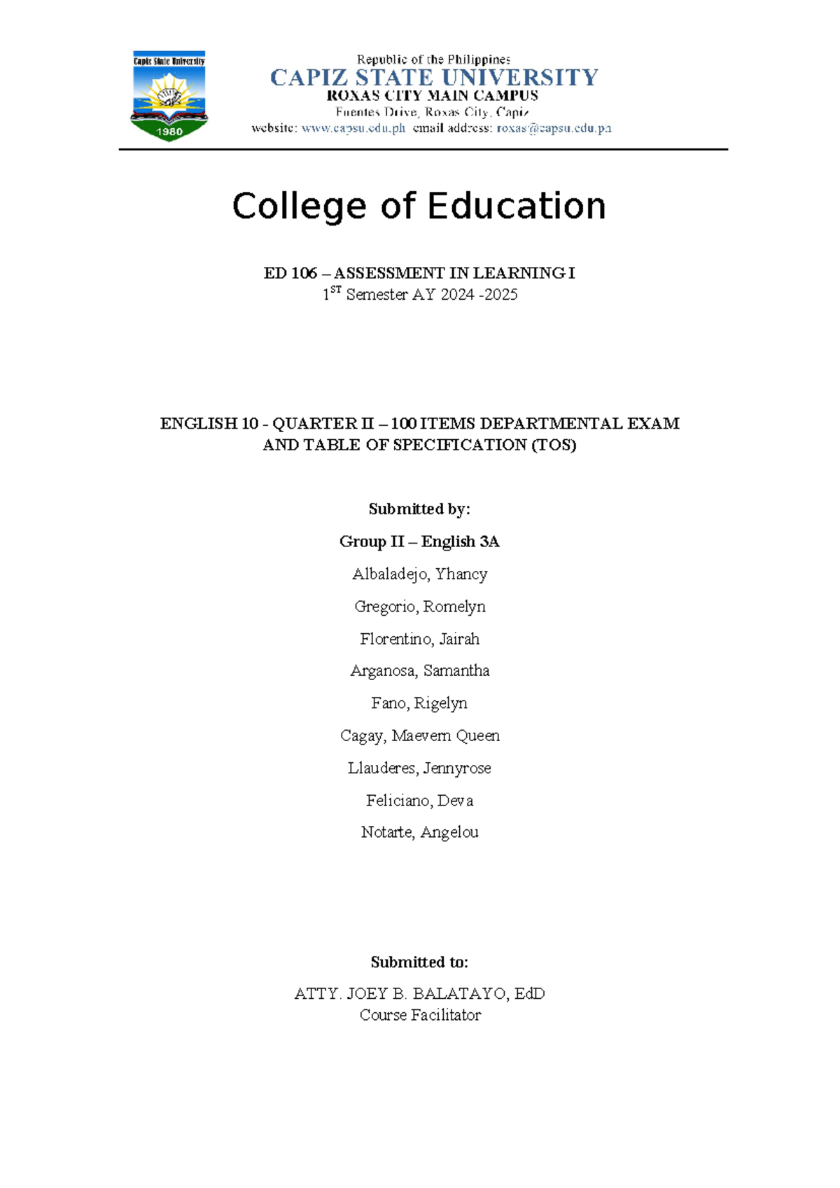 ED 106 - TOS Sample for English 10 Dept. Exam - Quarter II - Studocu