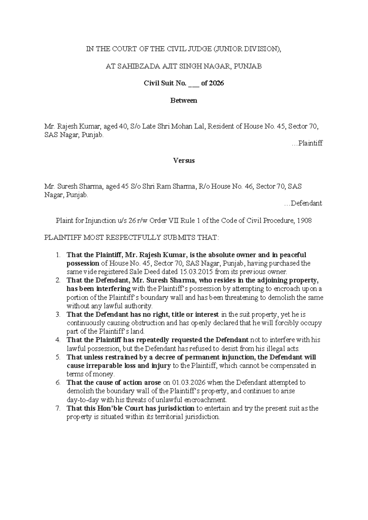Civil Suit No. 2026: Rajesh Kumar vs. Suresh Sharma - Injunction ...