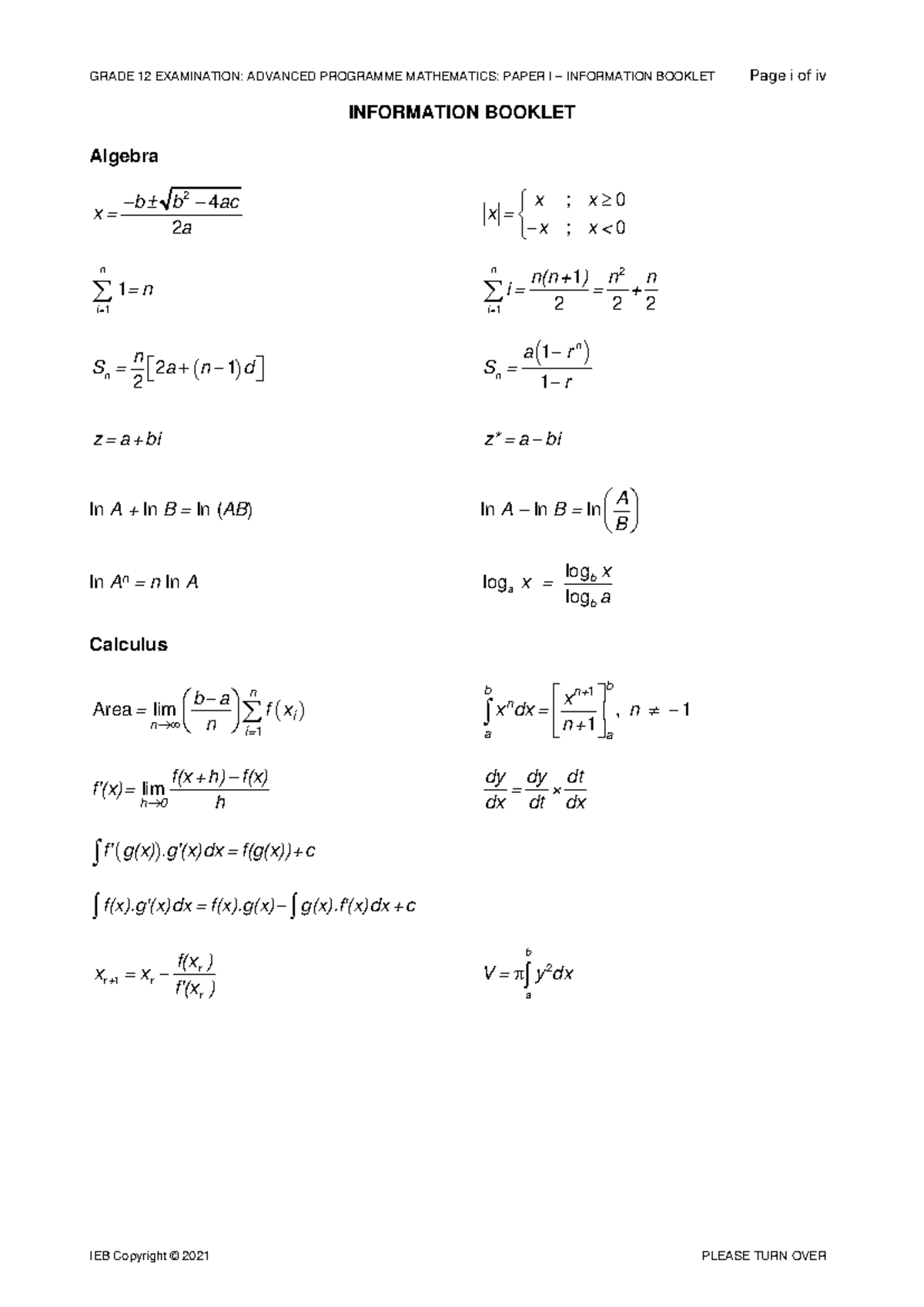 AP Maths P1 Info Booklet (Grade 12) - 2021 Edition - Studocu