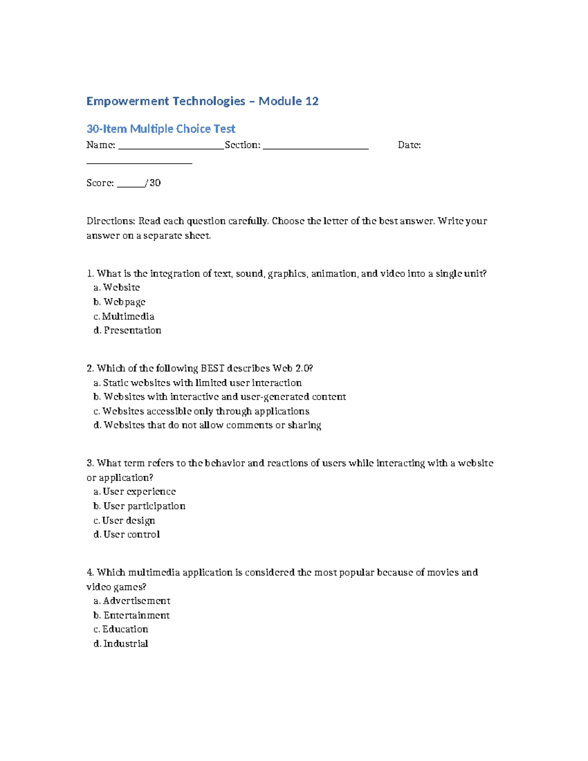 Empowerment Technologies Module 12: 30-Item MC Test - Studocu