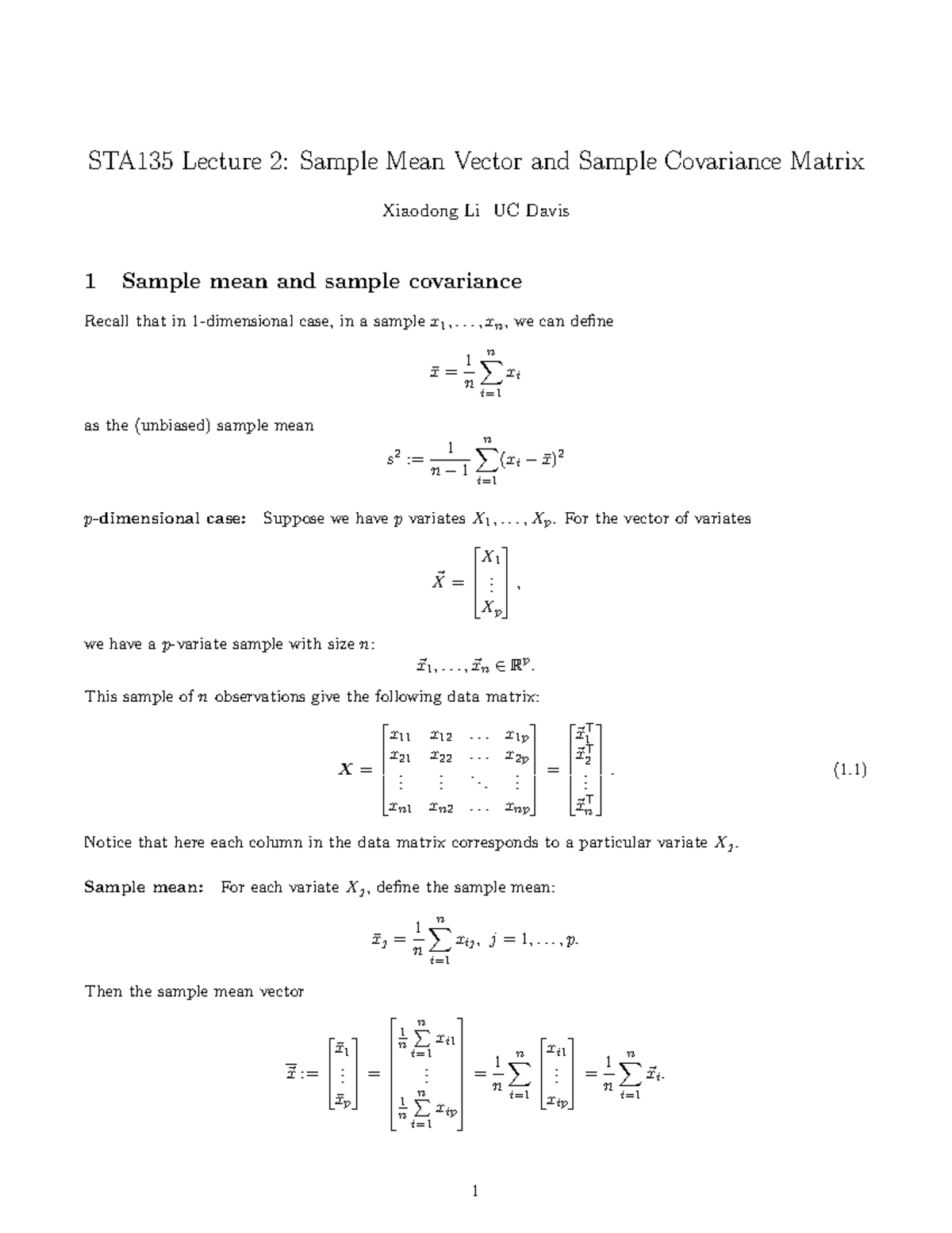 STA135 Lecture 2: Understanding Sample Mean Vector & Covariance Matrix ...
