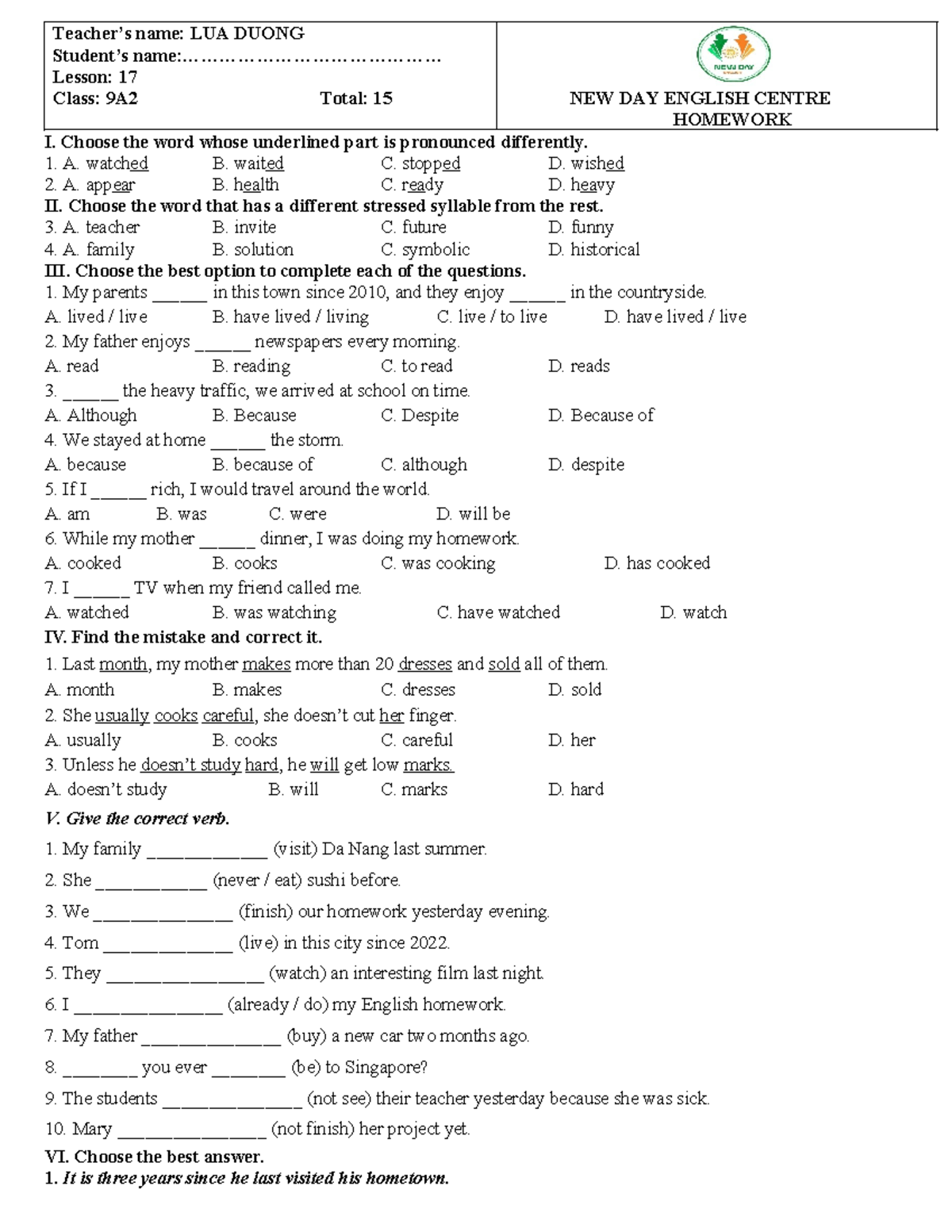 Lesson 17 Homework: 9A2 English Practice Activities - Studocu