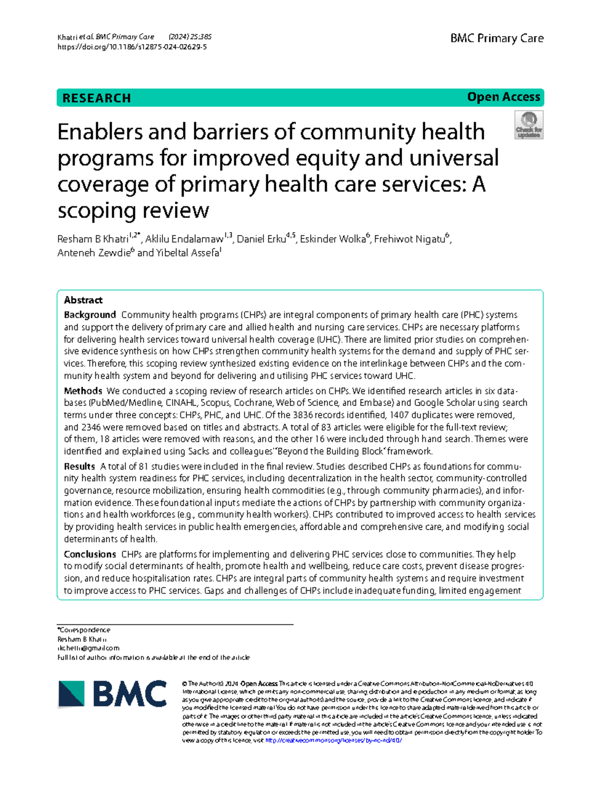 Enablers and Barriers of Community Health Programs: A Scoping Review on ...