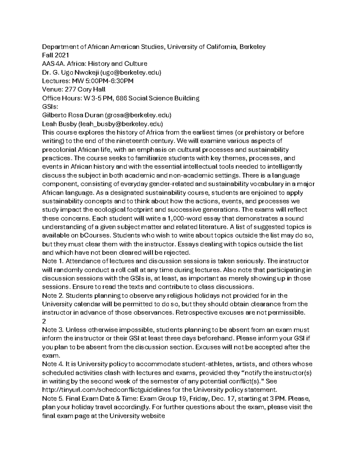 AFRICAM 4A FALL 2021 Syllabus - Department of African American Studies ...