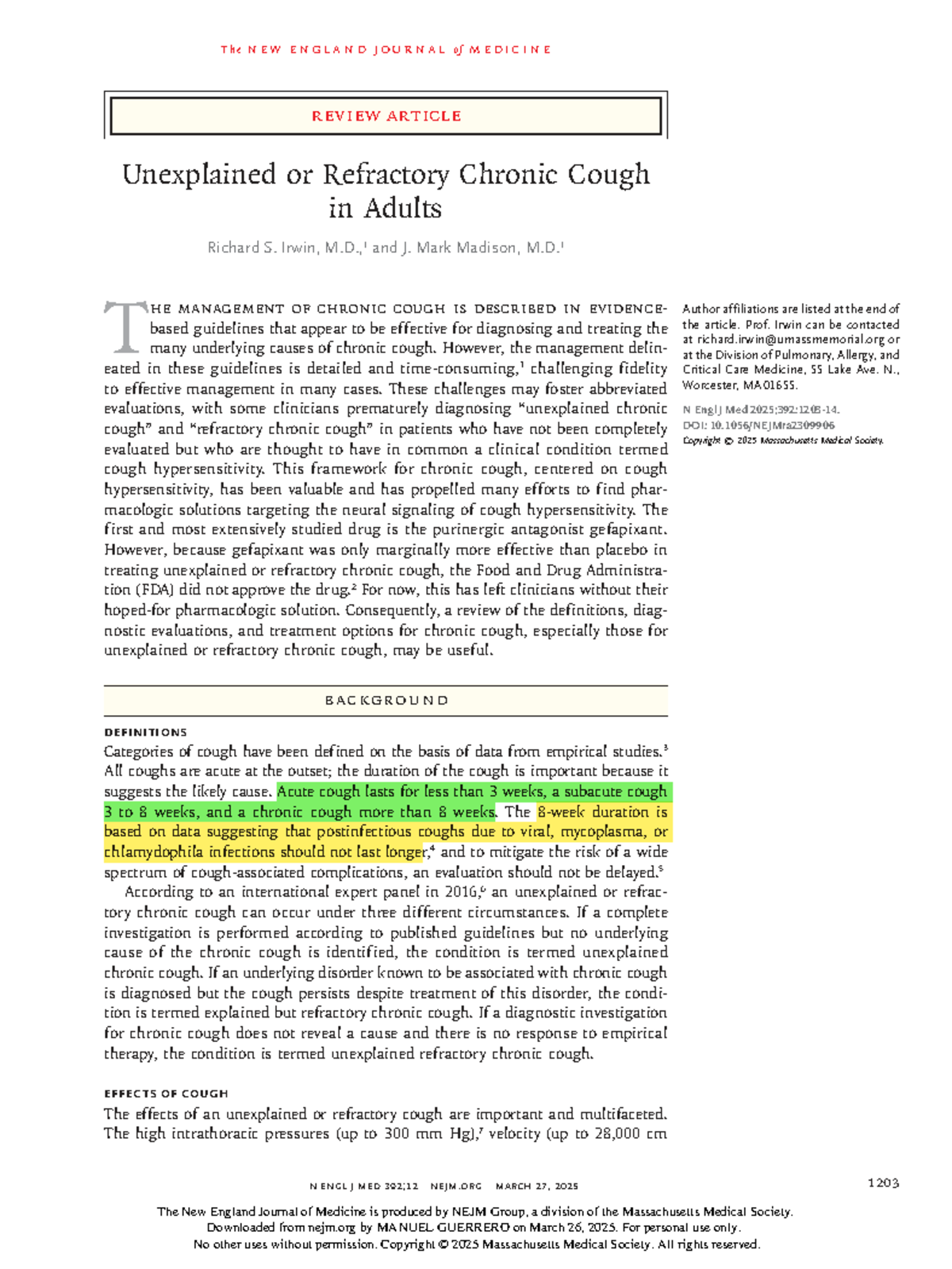 Unexplained or Refractory Chronic Cough in Adults: A Review (NEJM ...
