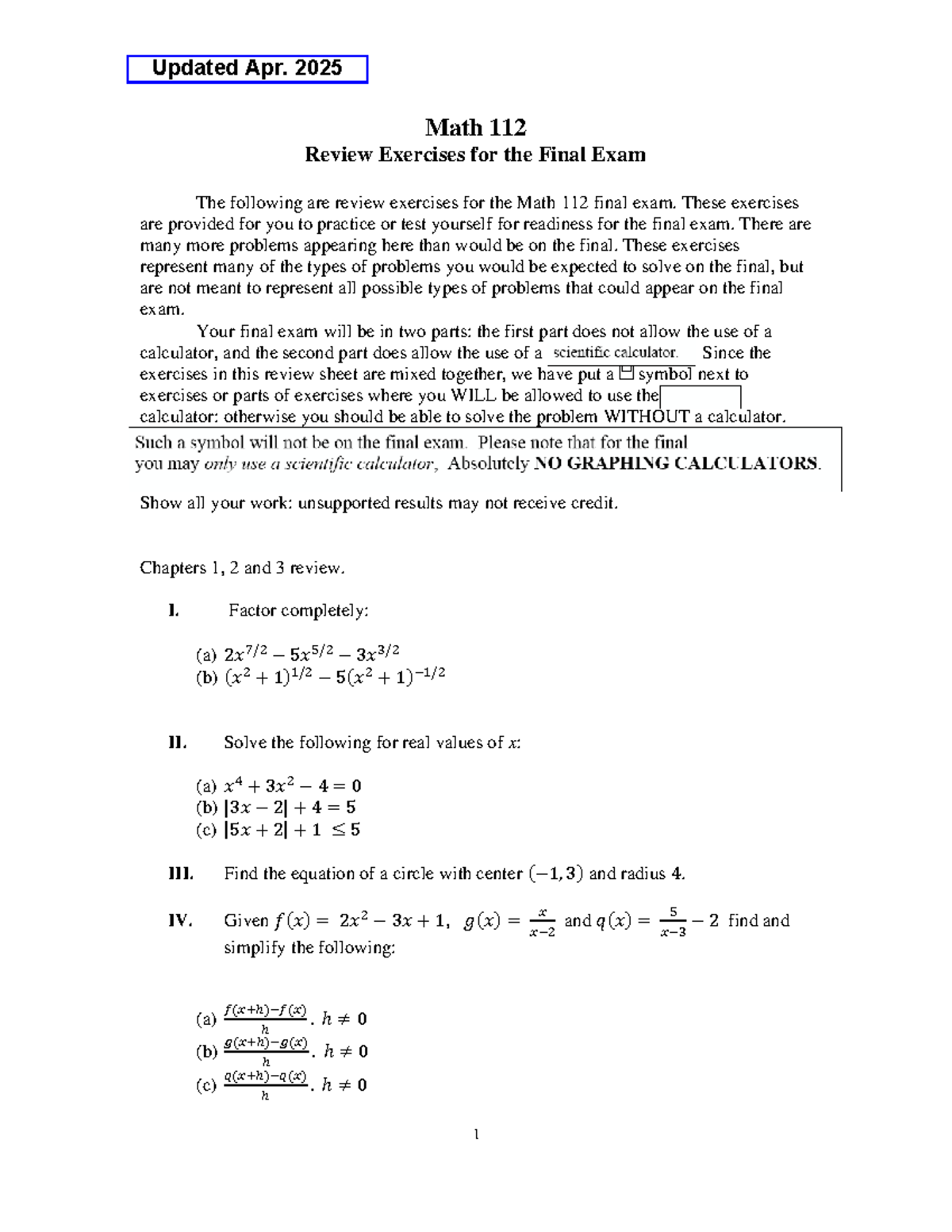 Math 112 Final Exam Review Exercises (Updated 4-20-2025) - Studocu