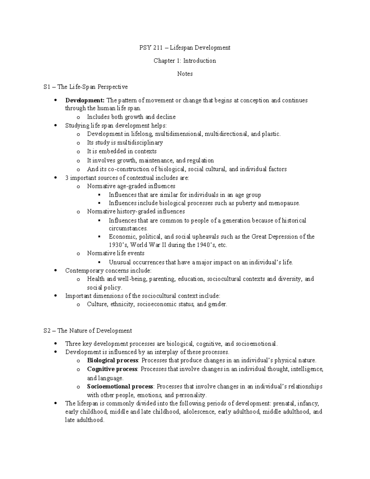 Psy211 Chapter 1 Introduction To Lifespan Development Notes Studocu