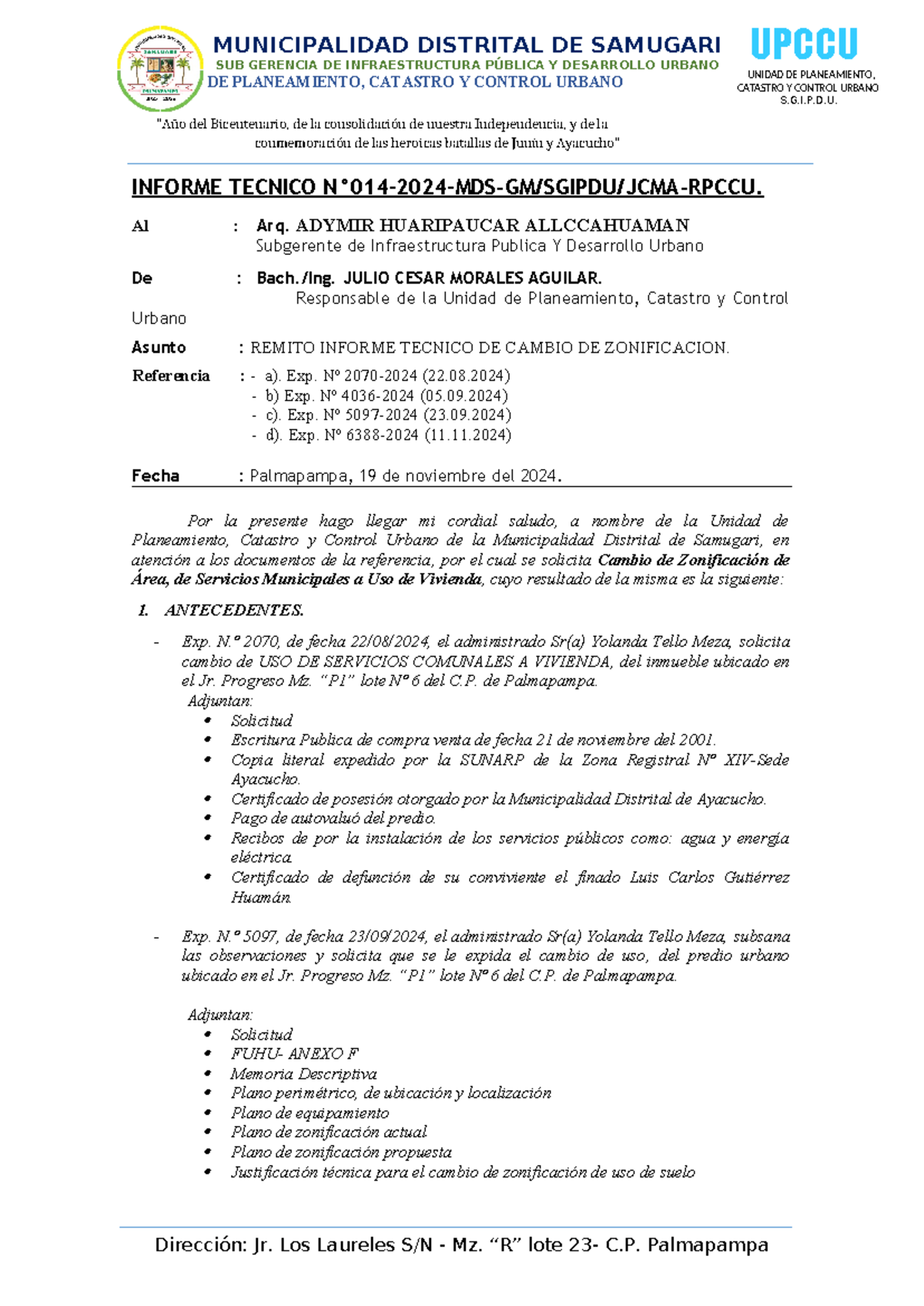 Informe Técnico N° 014 - Cambio de Uso de Suelo en Palmapampa - Studocu