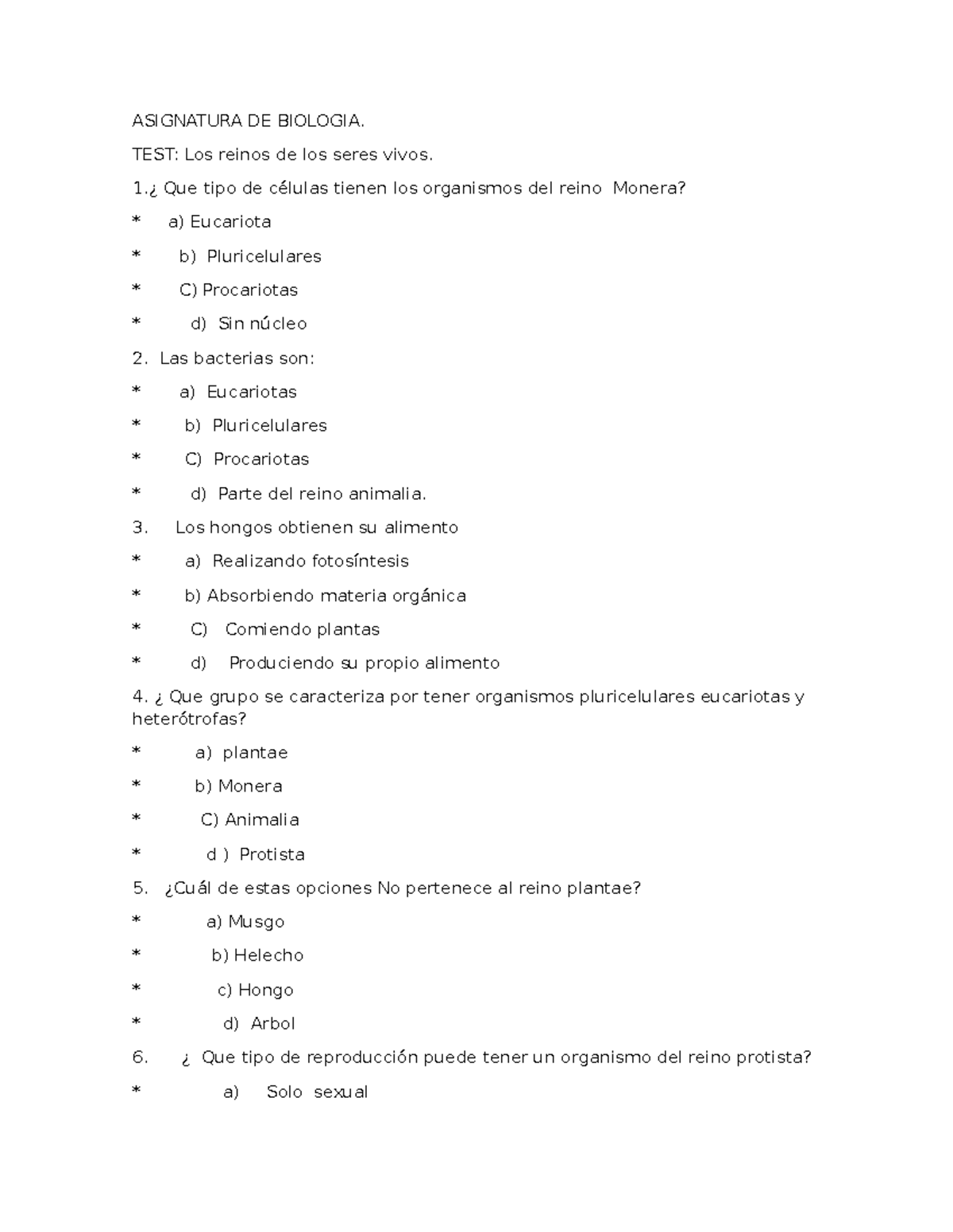 TEST DE Biología: Los Reinos de los Seres Vivos - Studocu