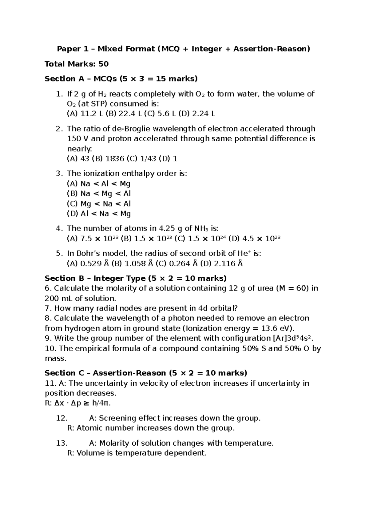 IIT Practice Paper: Mixed Format MCQs & Long Answers for Ch 1-3 - Studocu