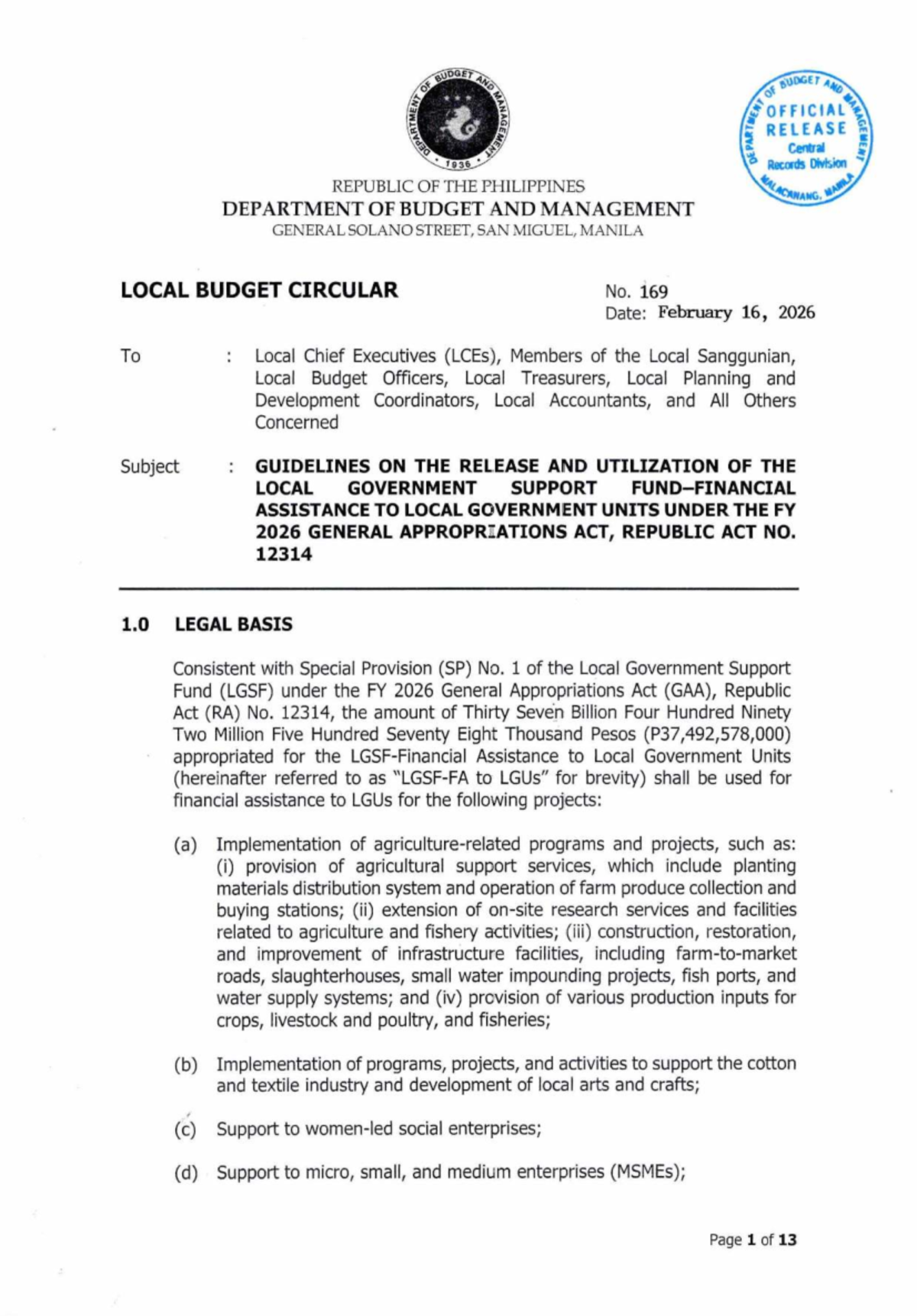 Local Budget Circular No. 169: Guidelines for LGU Support Assistance FY ...