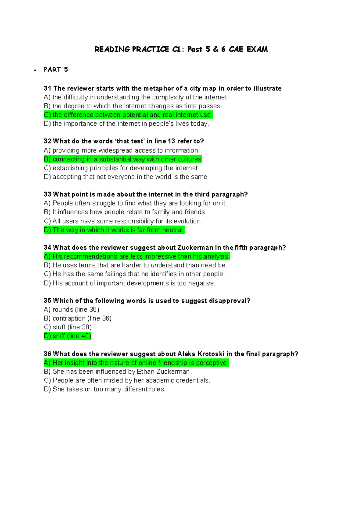 Reading Practice C1: CAE Exam Past 5 & 6 Analysis - Studocu