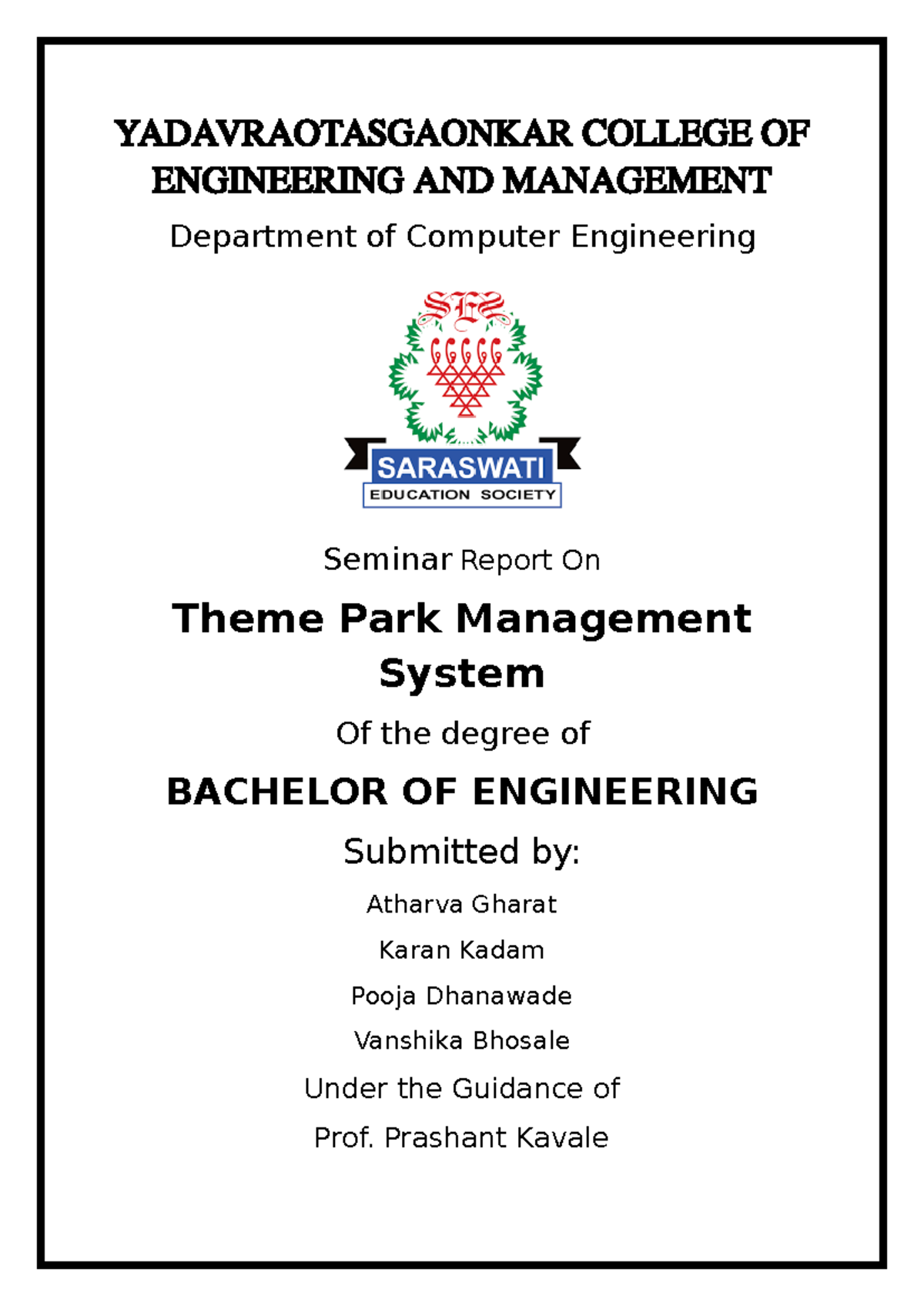 Seminar Report on Theme Park Management System Project for BE Comp Engg ...