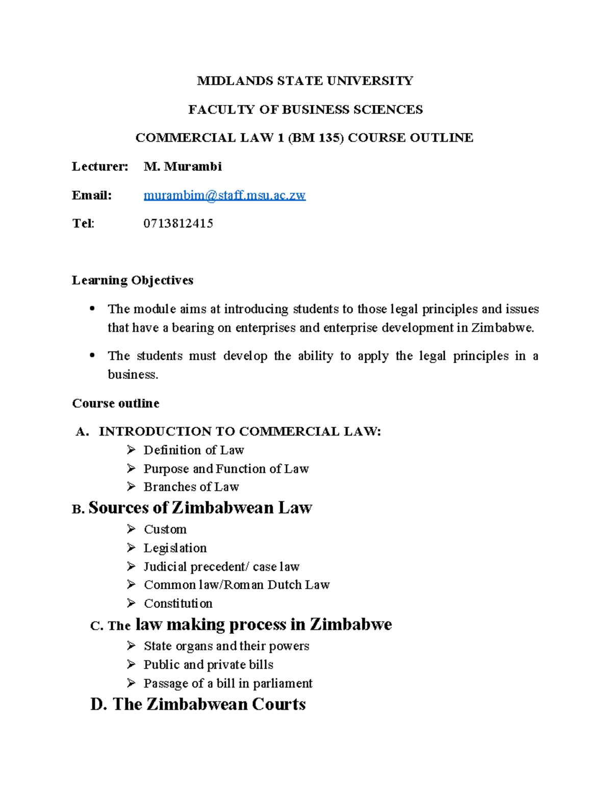 Commercial Law BM135 Course Outline and Learning Objectives - Studocu