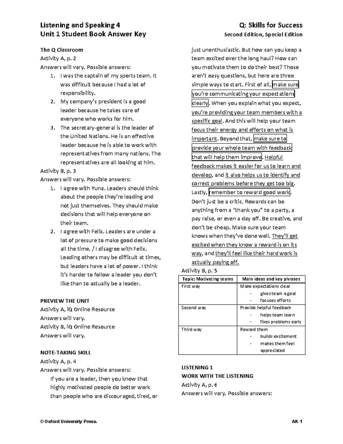 Q: Skills for Success 4 Unit 1-5 Listening and Speaking Answer Key ...