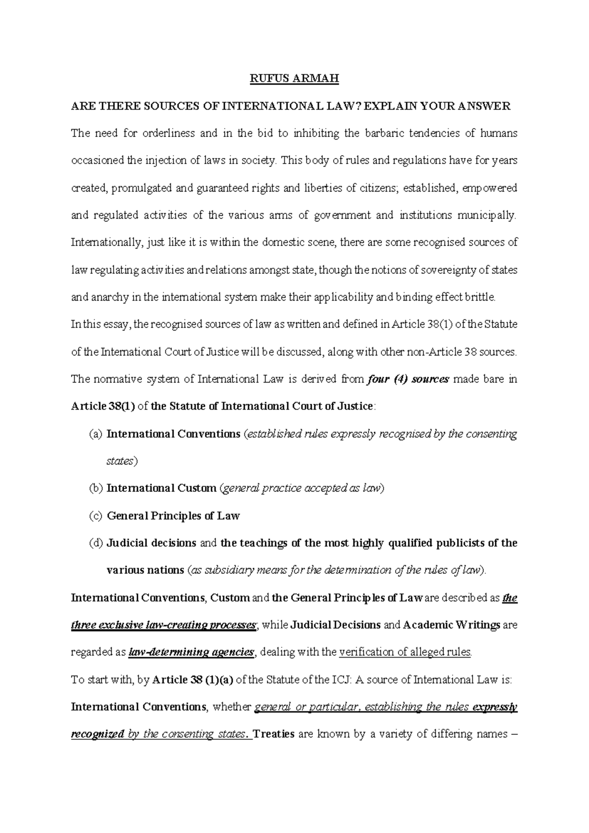Sources and Relationship of International Law - PIL Essay Notes - Studocu