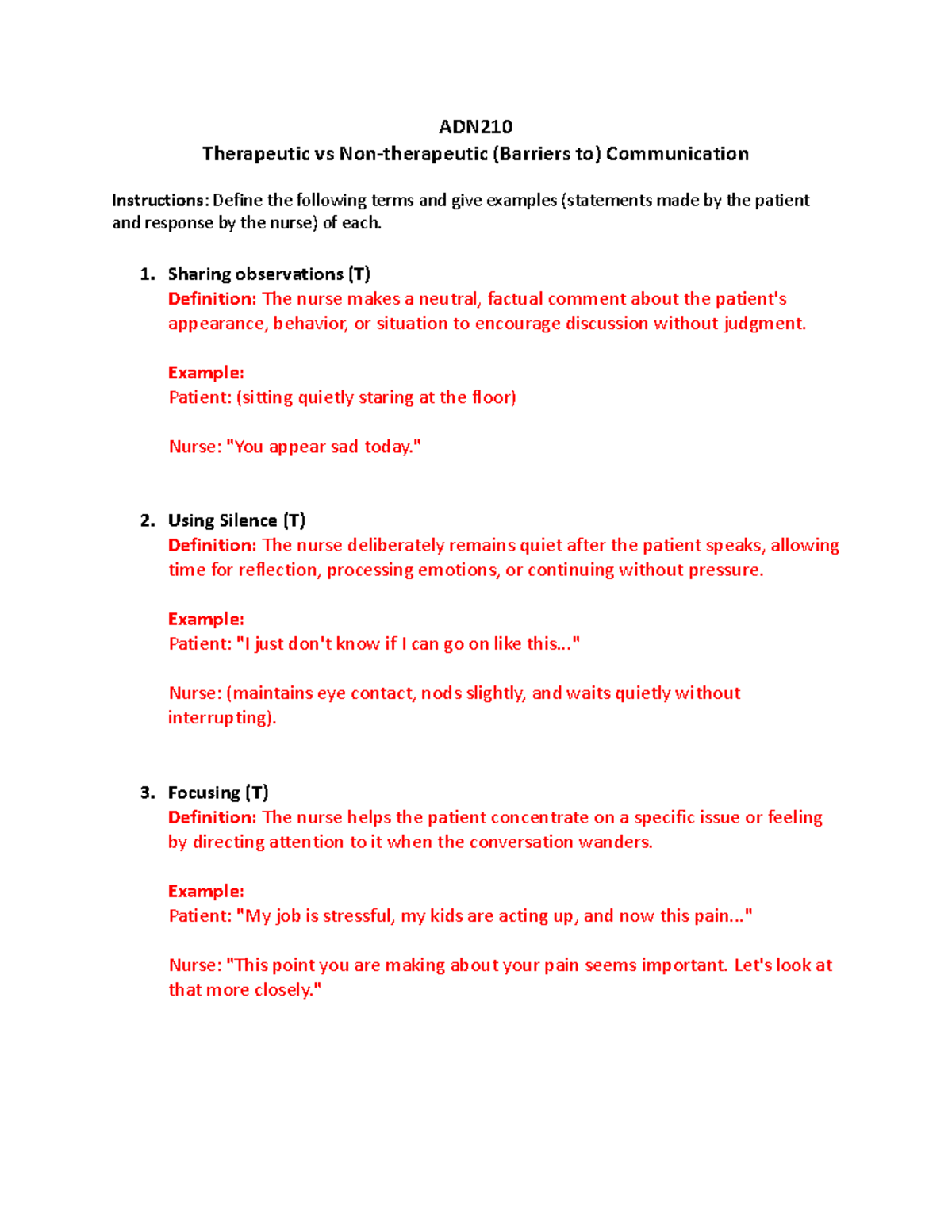 ADN210 Therapeutic vs Non-Therapeutic Communication Guide - Studocu