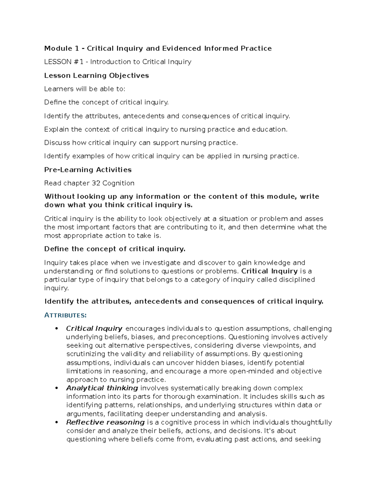 Module 1: Critical Inquiry in Nursing Practice - Lesson Overview - Studocu