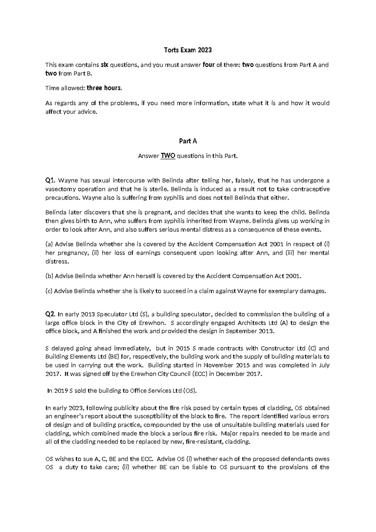 Torts 2023 - Final Exam Paper: Key Questions & Analysis Guide - Studocu