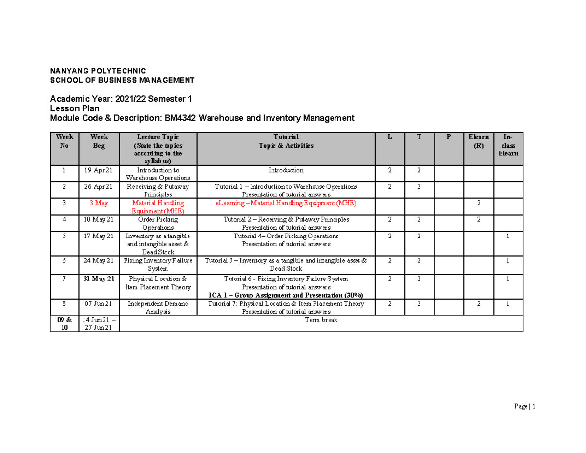 BM4342 Lesson Plan: Warehouse & Inventory Management Overview - Studocu