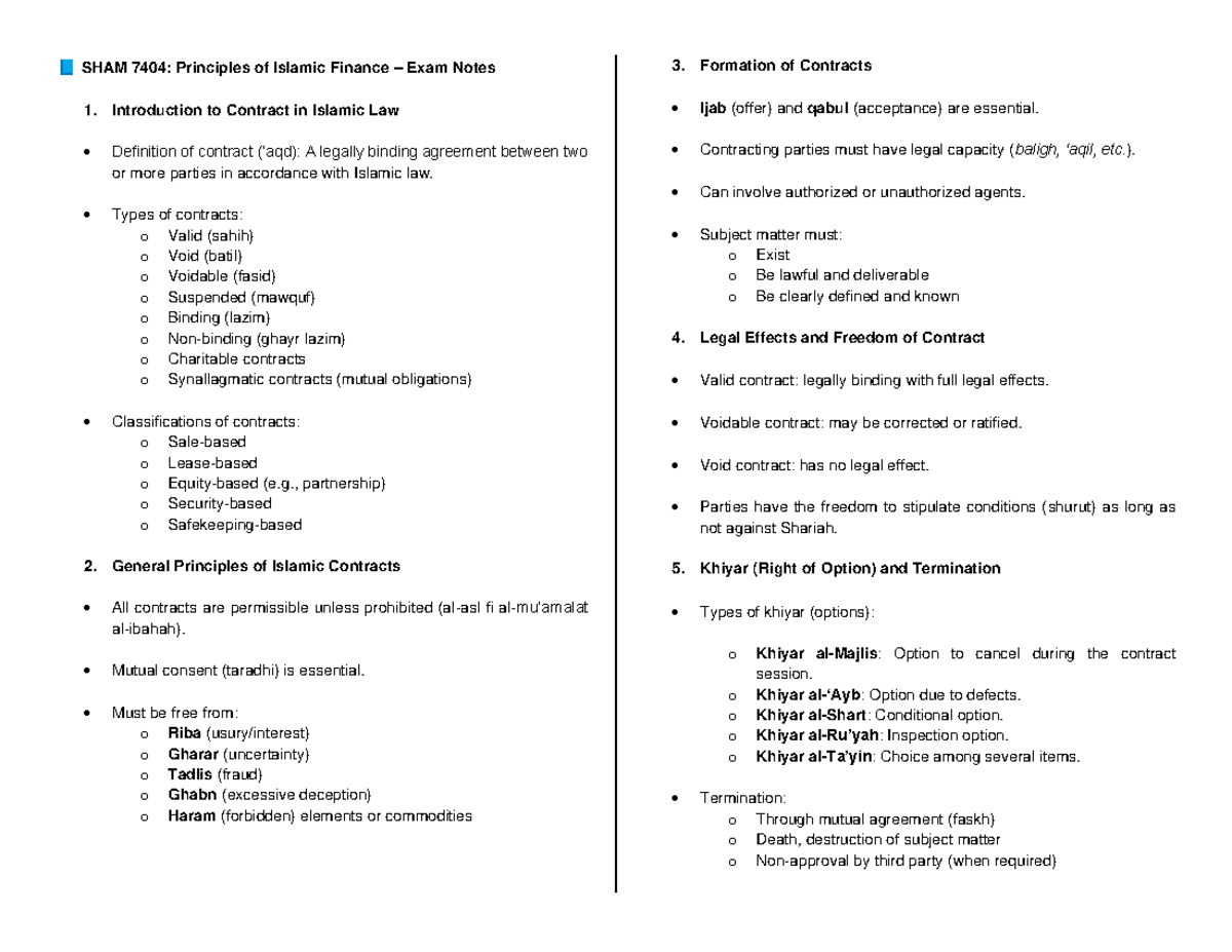 SHAM 7404: Exam Notes on Islamic Finance Contracts and Principles - Studocu