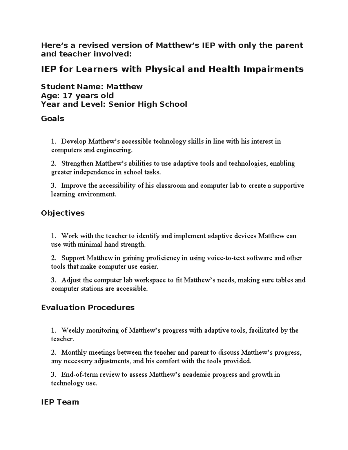IEP for Matthew: Accessible Strategies for Physical Health Impairments ...