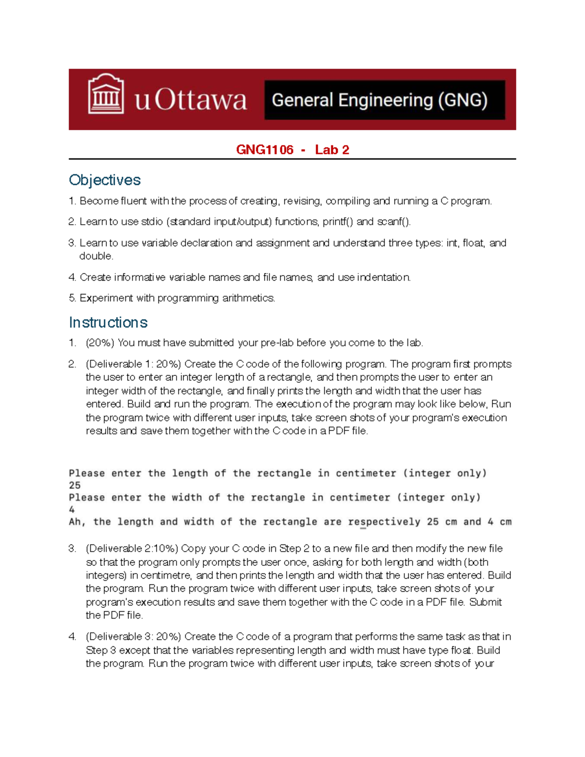 GNG1106 Lab 2: C Programming Objectives and Instructions - Studocu