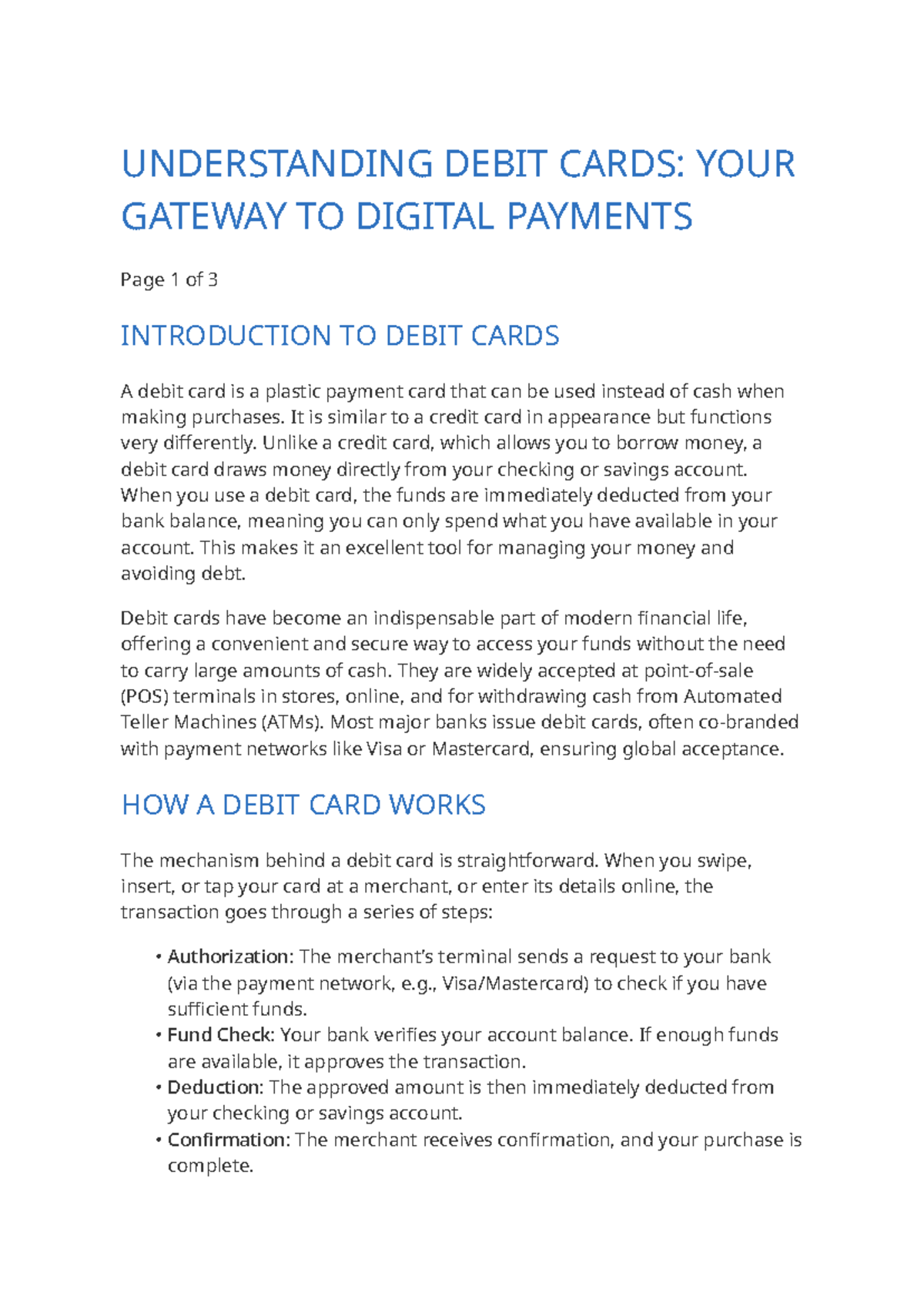 Debit Card Overview: Understanding Benefits, Risks, and Usage - Studocu