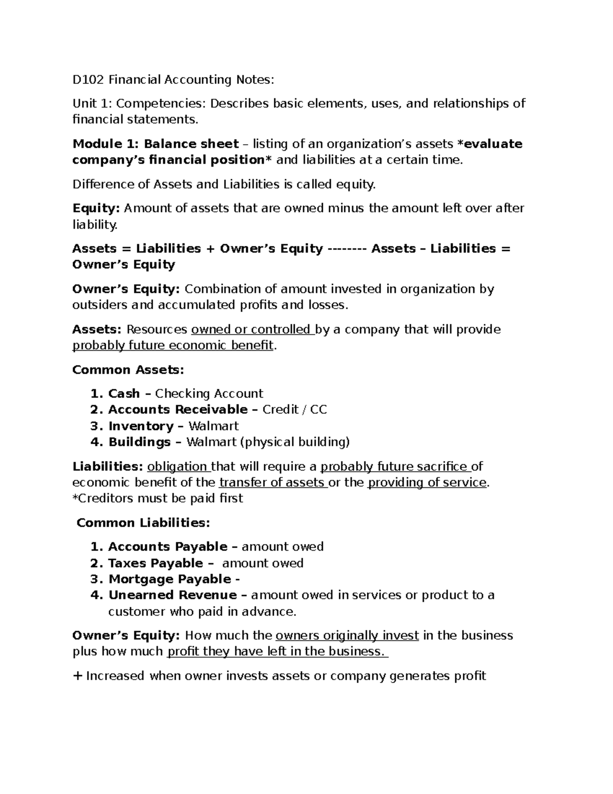 D102 Financial Accounting Notes: Understanding Financial Statements and ...