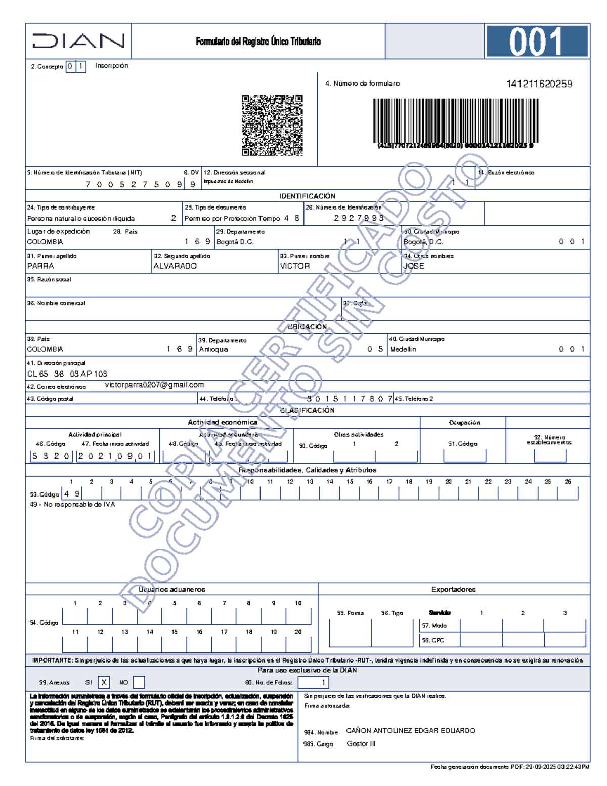 Certificado de Inscripción en el Registro Único Tributario - DIAN - Studocu