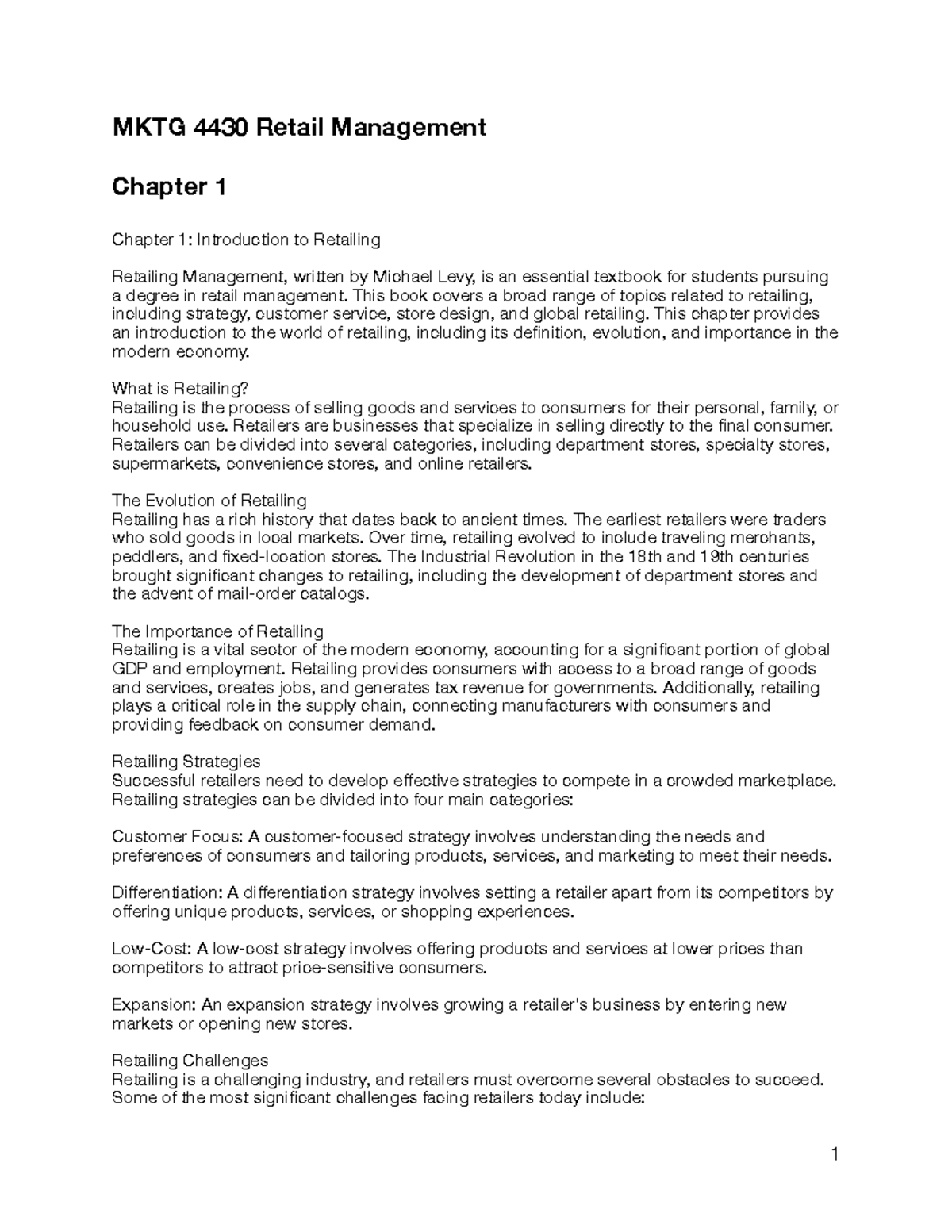 MKTG 4430 - Retail Management Chapter 1: The Basics of Retailing - Studocu