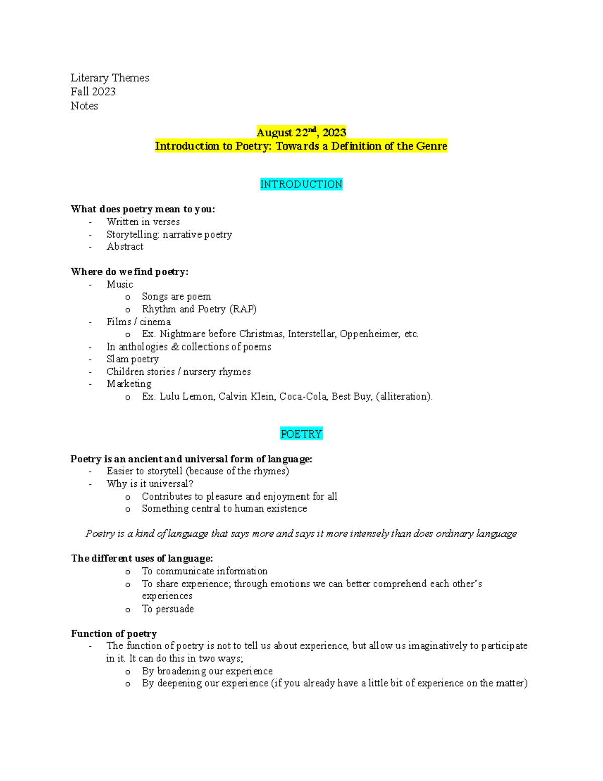 Literary Themes in Poetry (ENG 101) - Fall 2023 Notes - Studocu