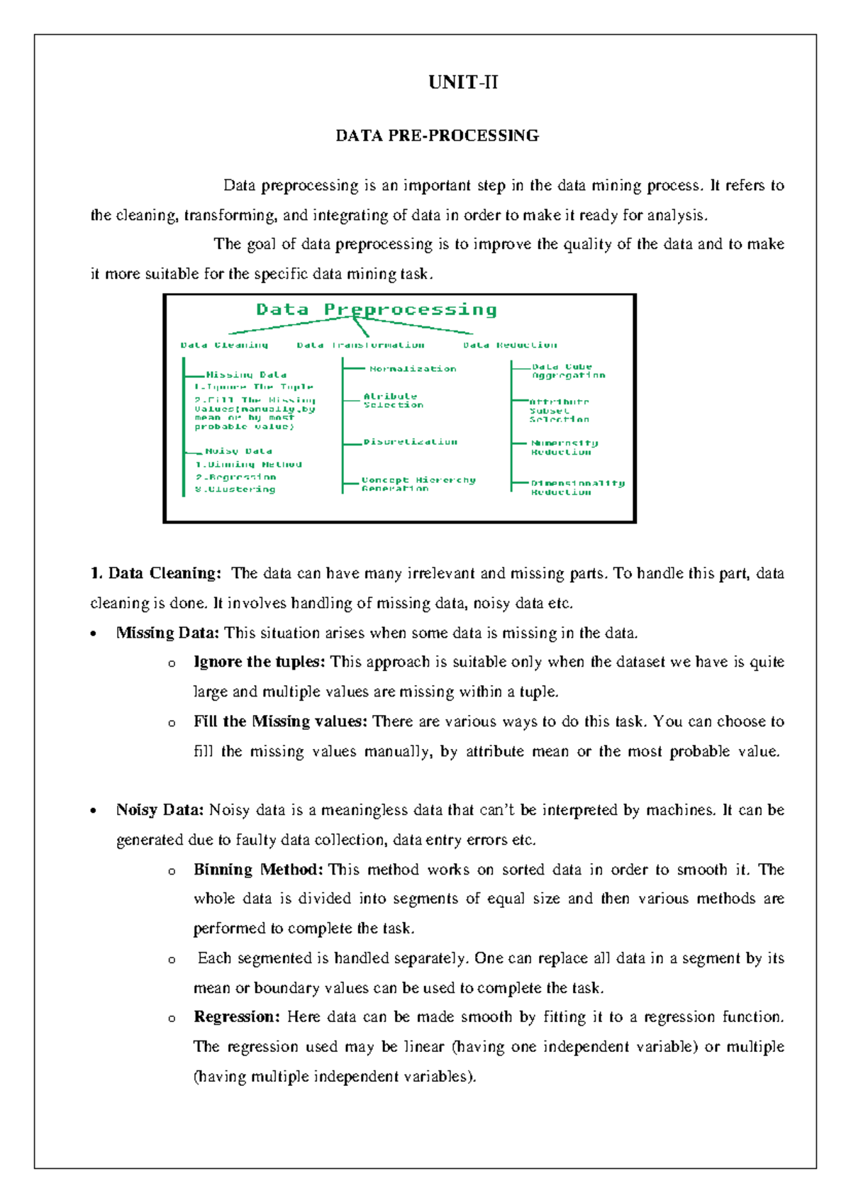 Data Mining 1 - Notes - UNIT-II DATA PRE-PROCESSING Data preprocessing ...