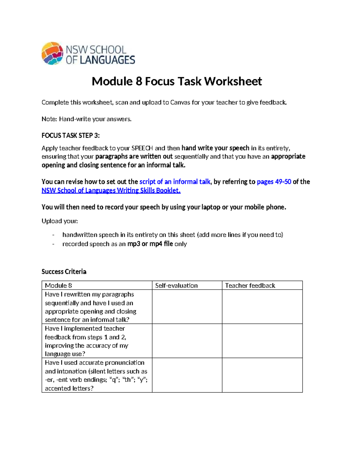 Unit 02 Module 08 Focus Task: Speech Preparation Worksheet - Studocu