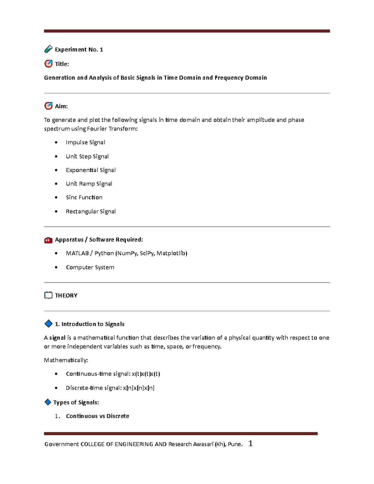Signals & Systems Lab Manual: Experiment 1 - Basic Signal Generation ...