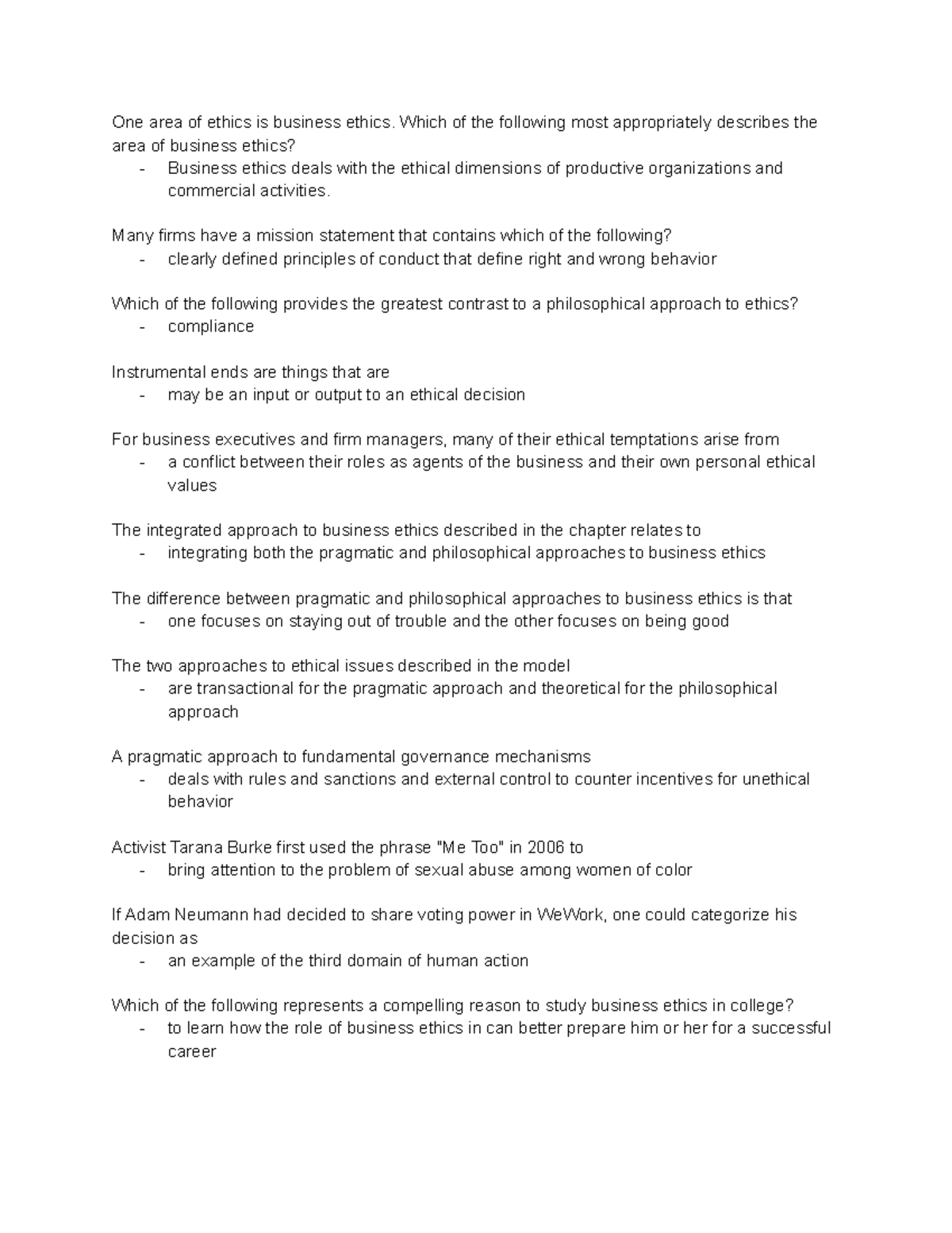 Business Ethics - CH 1 Quiz Insights and Key Concepts - Studocu