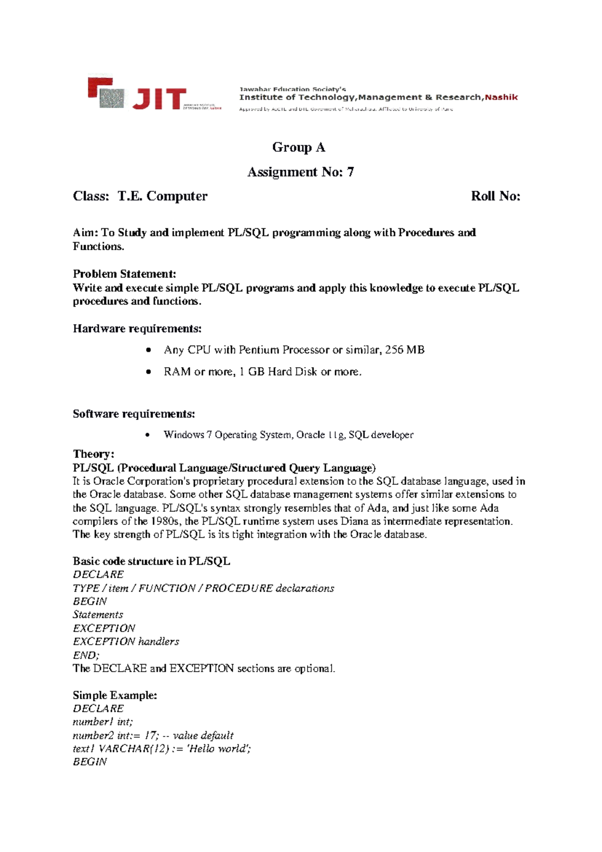 PL/SQL Programming Techniques - Dbms Assignment 7 - DBMS - Studocu