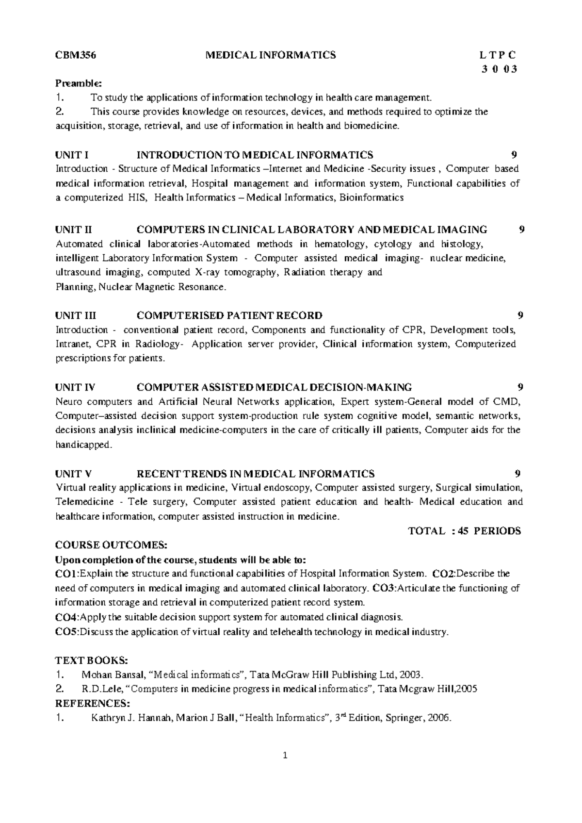CBM356 Medical Informatics Syllabus and Course Overview - Studocu
