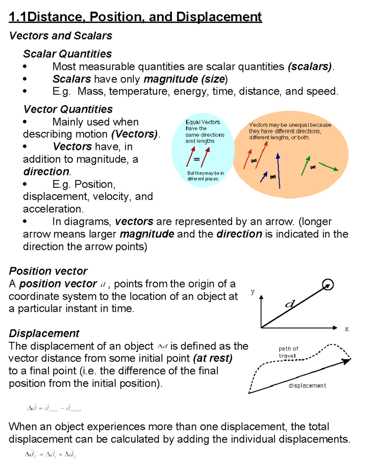 1.1 Distance, Position and Displacement - y x d 1, Position, and ...