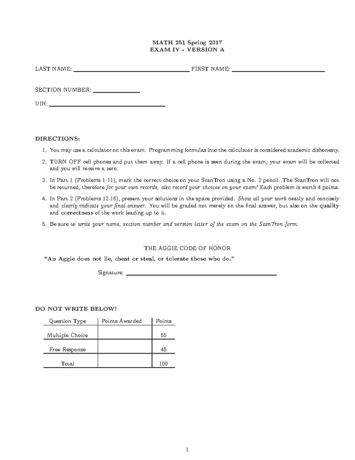 MATH 251 Final Exam IV Sample Questions and Solutions - Studocu