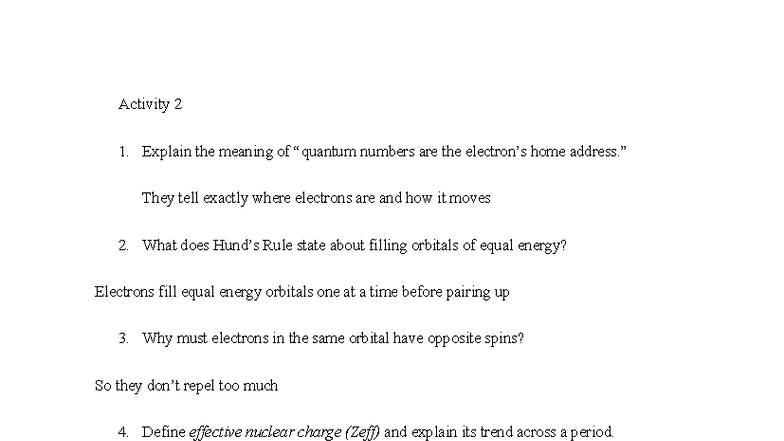 Chemistry Activity 2 - Week 10: Electron Configurations & Trends - Studocu