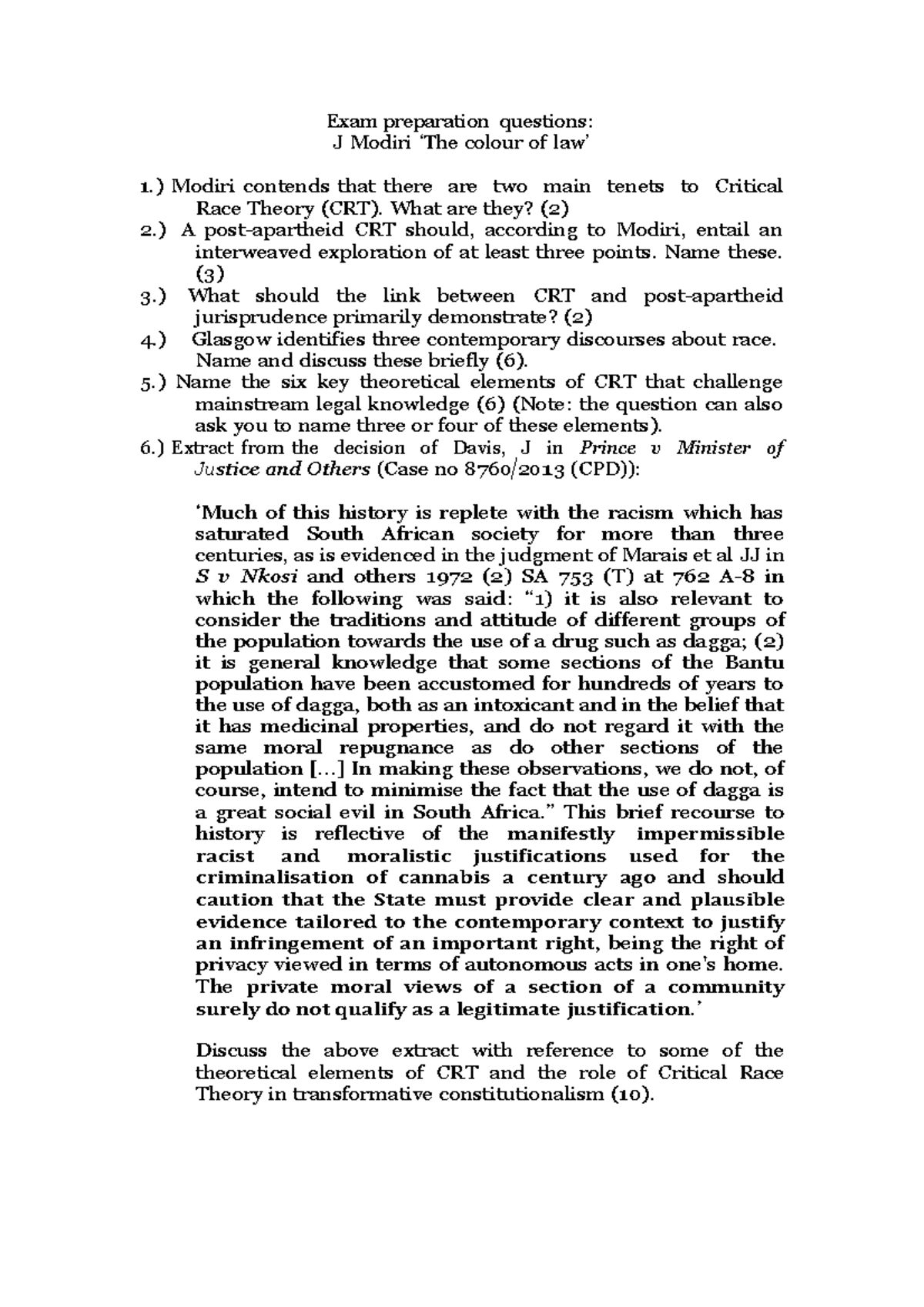 CRT Exam Q&A: Modiri's Insights on Law and Race Theory - Studocu