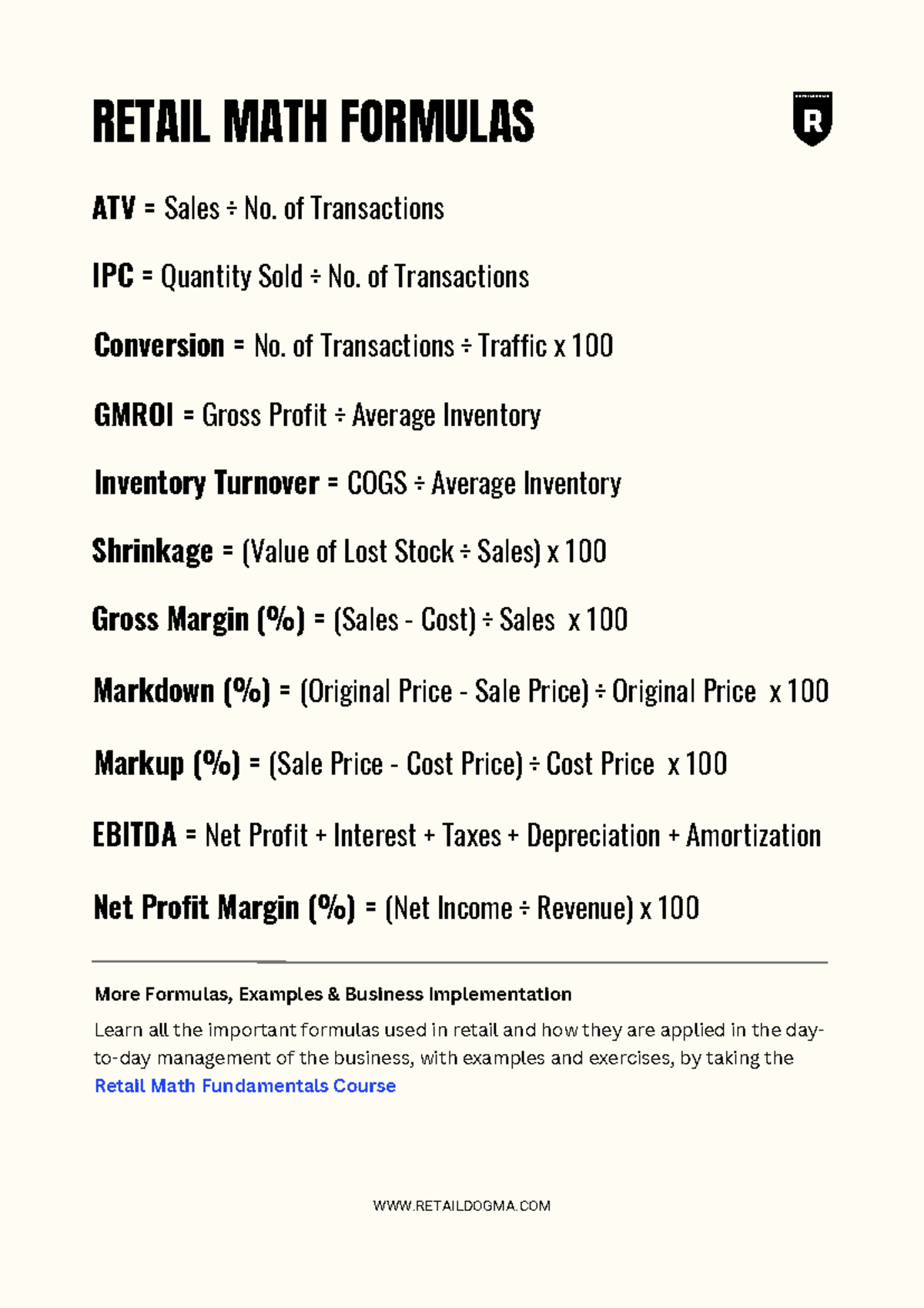 RETAIL MATH FORMULAS: Key Concepts & Applications for R Course - Studocu