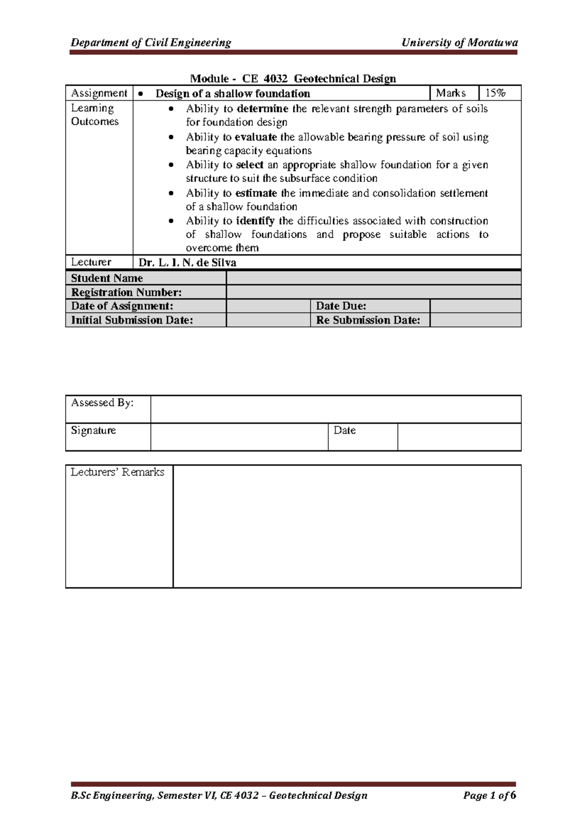 Design of a shallow foundation assig OBE (modified) - Assessed By ...