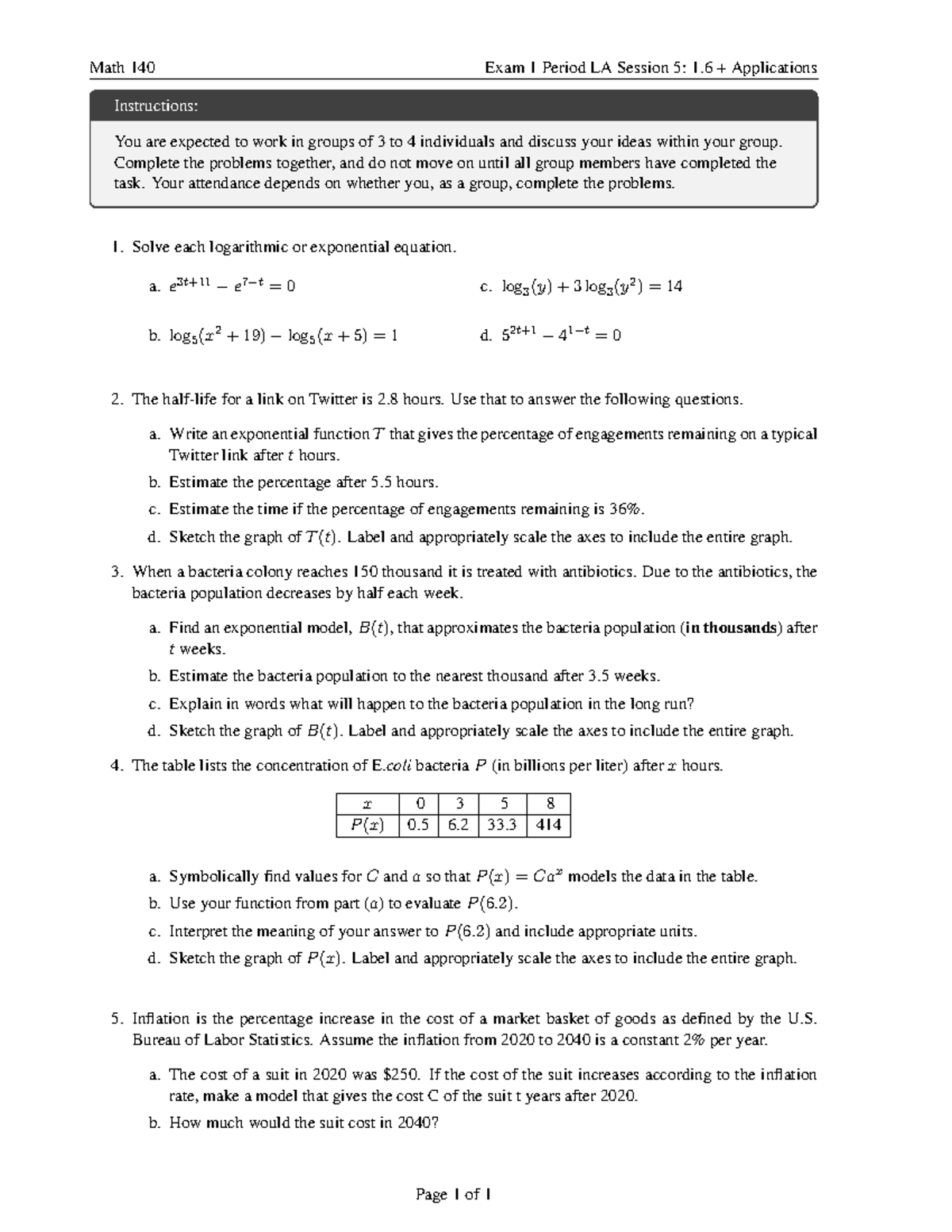 Math 140 Exam 1: Logarithmic & Exponential Applications - Studocu
