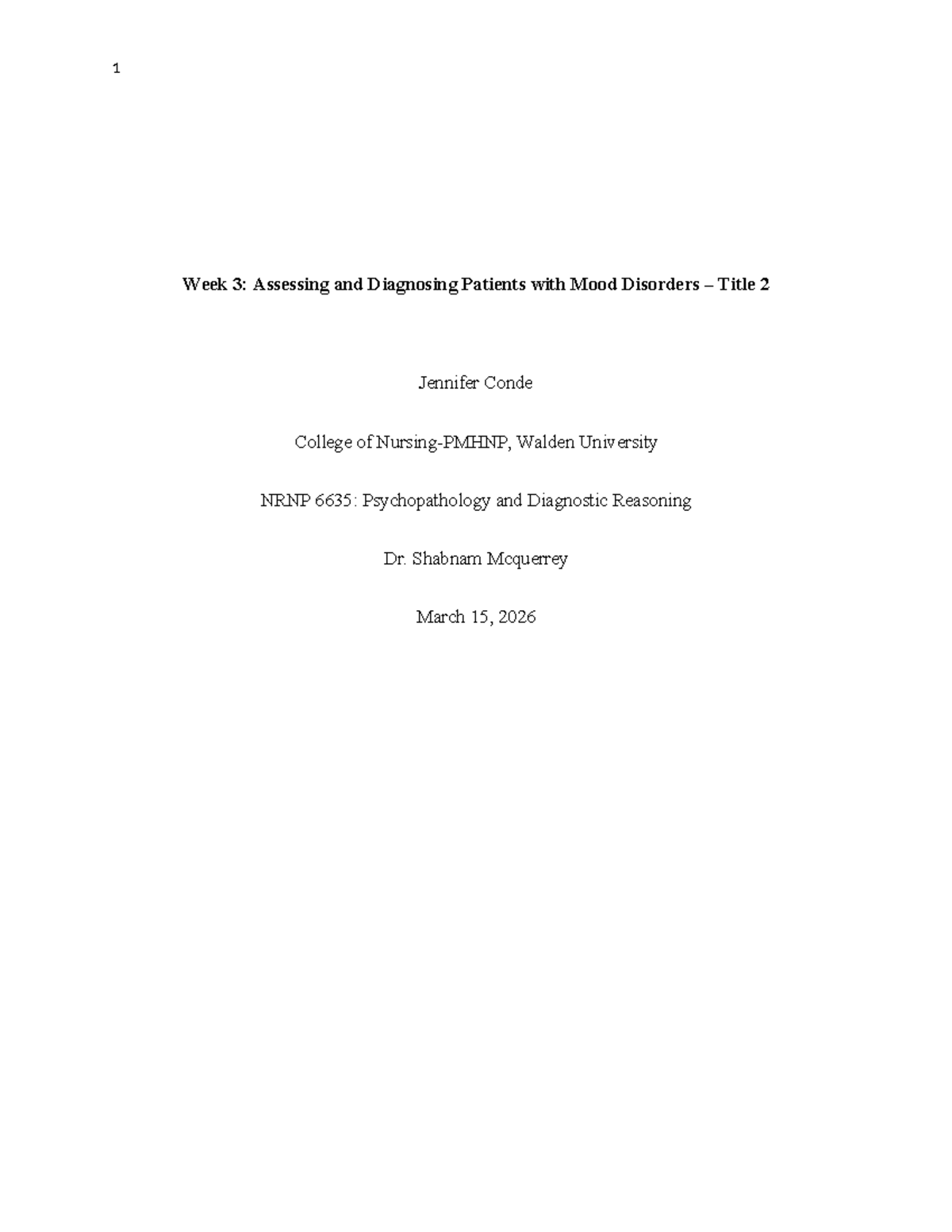 NRNP 6635: Week 3 Assignment on Mood Disorders Assessment - Studocu