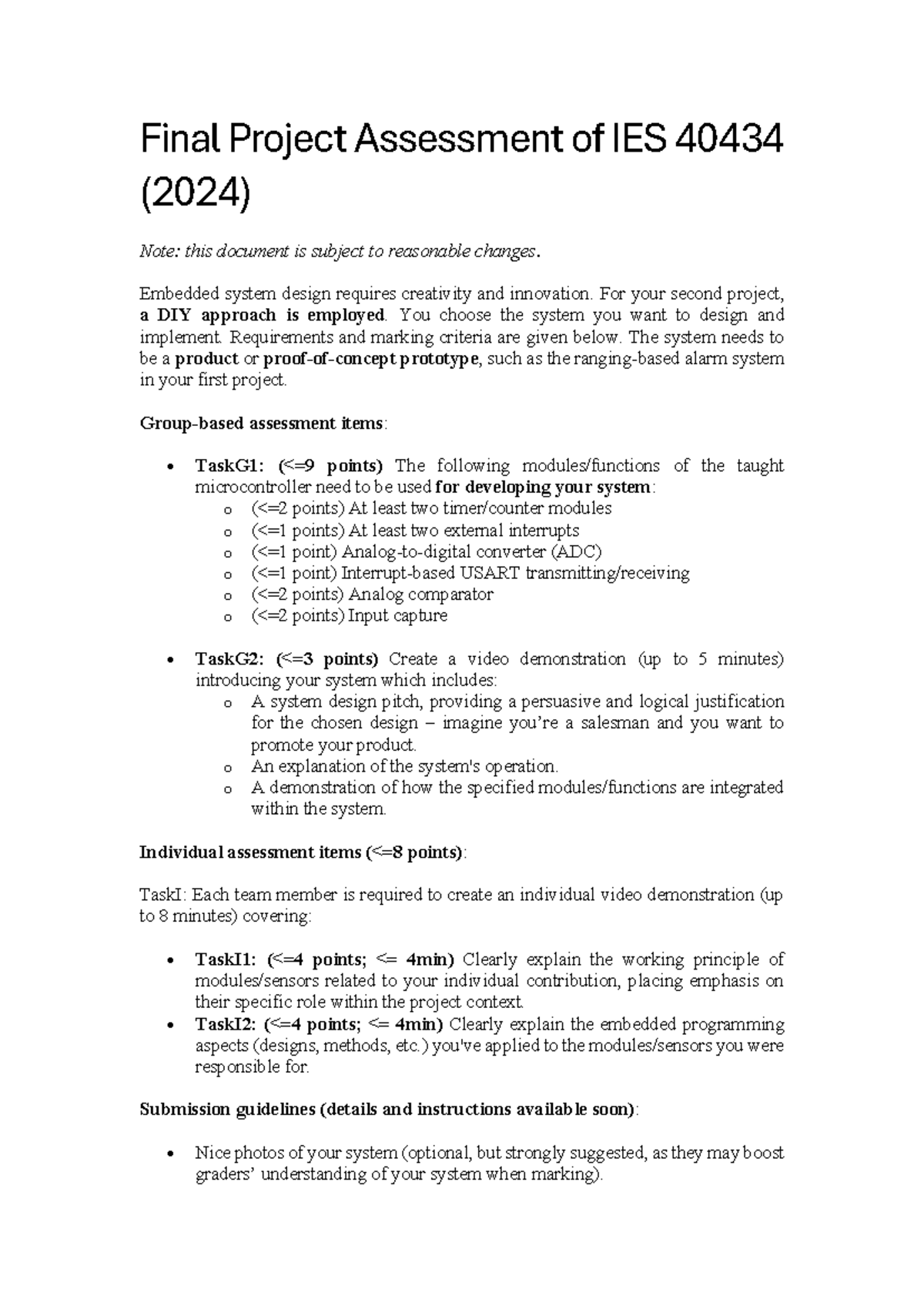 Final Project Requirements & Criteria for IES 40434 - 2024 - Studocu