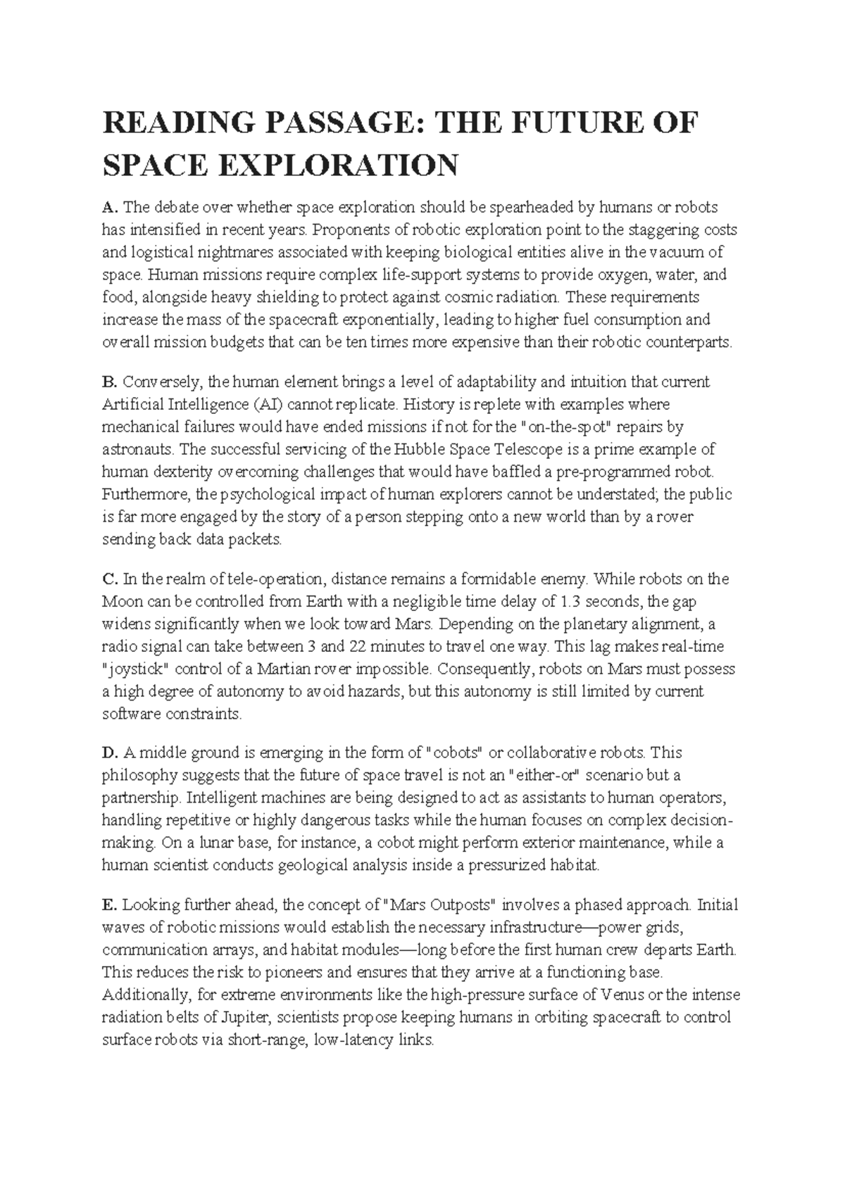 Reading Passage Test for Midterm ESPN3: Space Exploration and Political ...